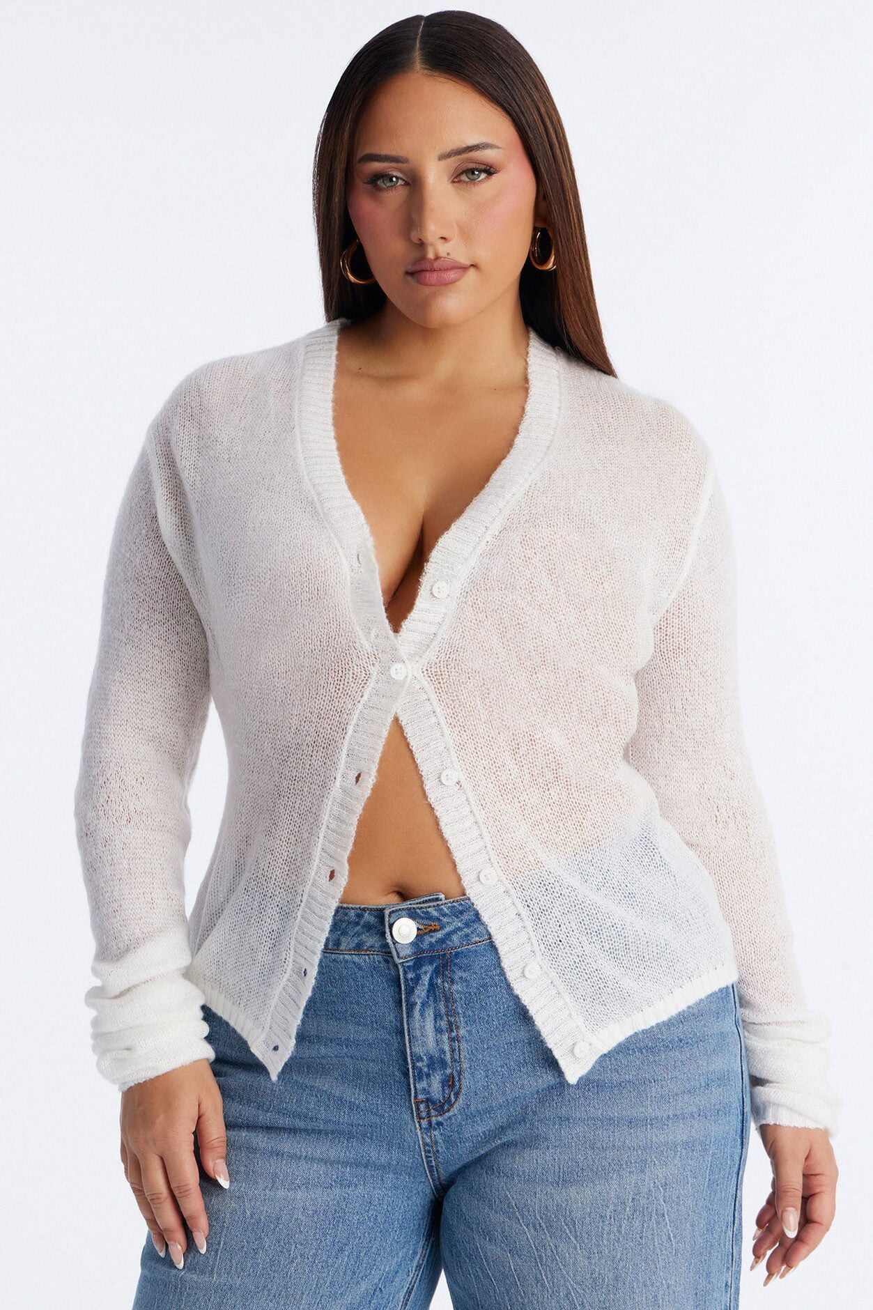Sheer Me Out Long Sleeve Button Up Cardigan Sweater - Ivory image 1