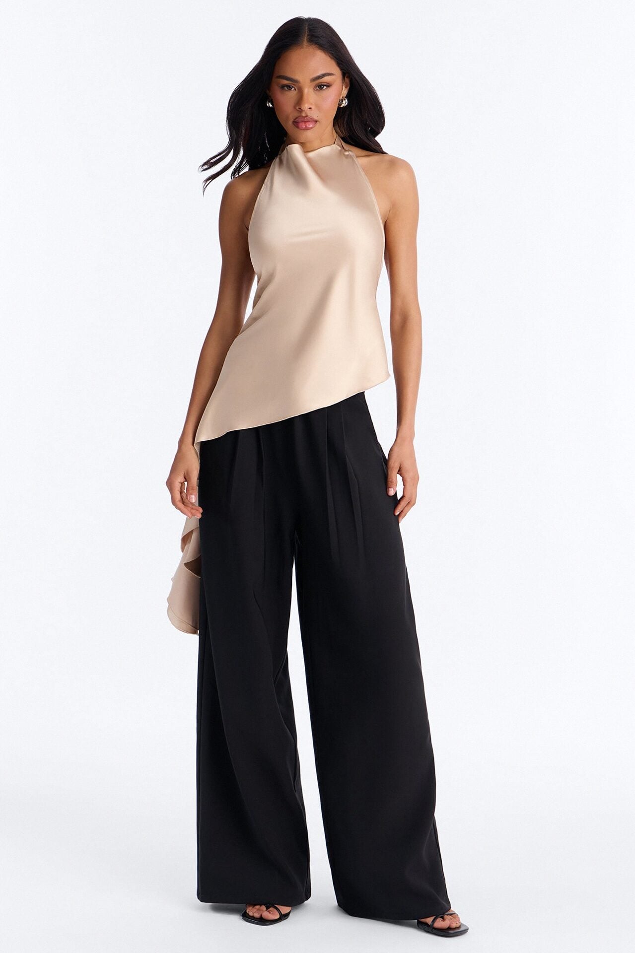 This Is The Look Asymmetrical Ruffle Satin Halter Top - Champagne image 1