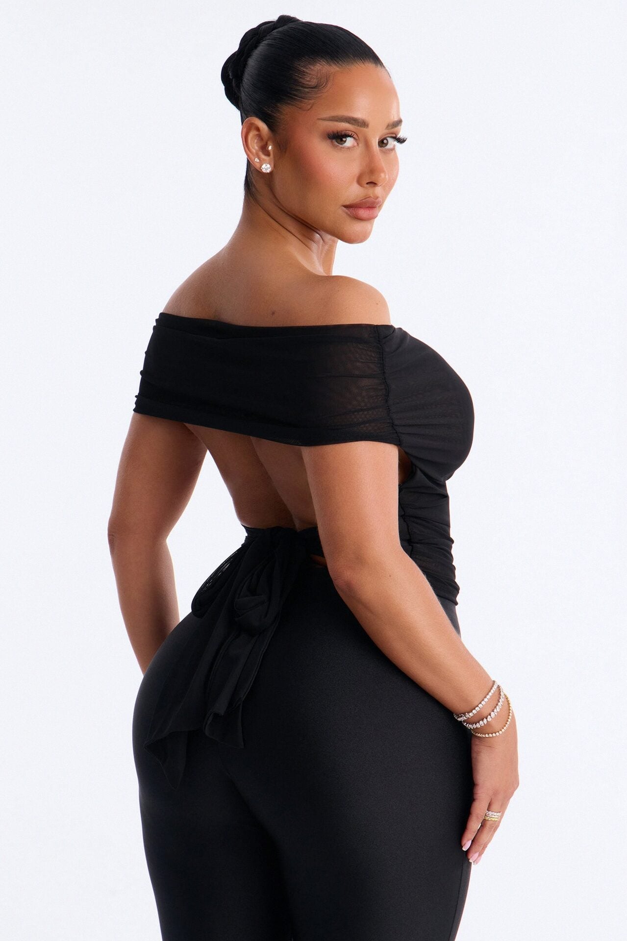 Off Limits Mesh Off Shoulder Backless Top - Black image 1