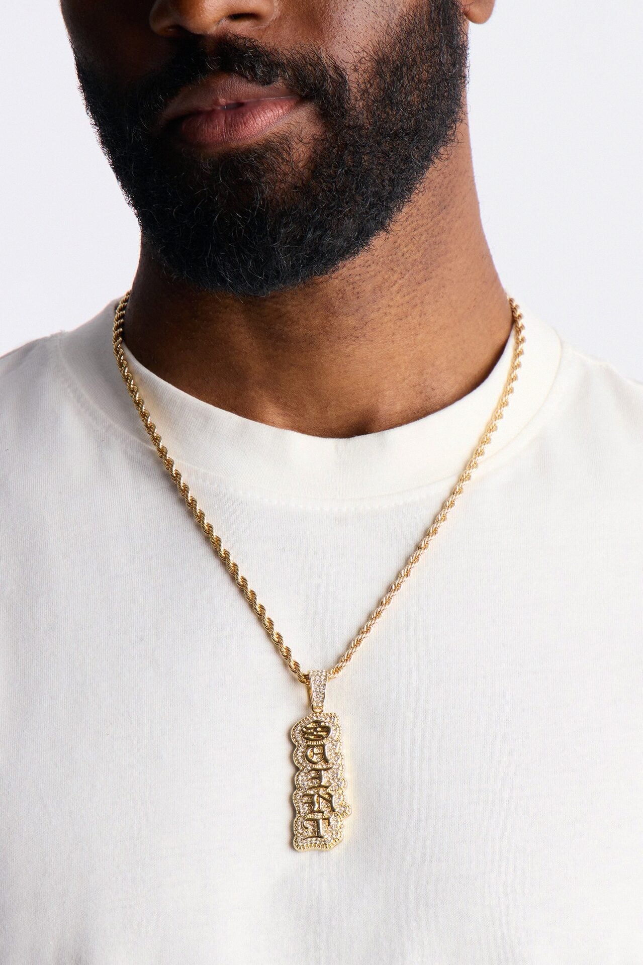 Saint Script Vertical Iced Pendant Necklace - Gold image 1