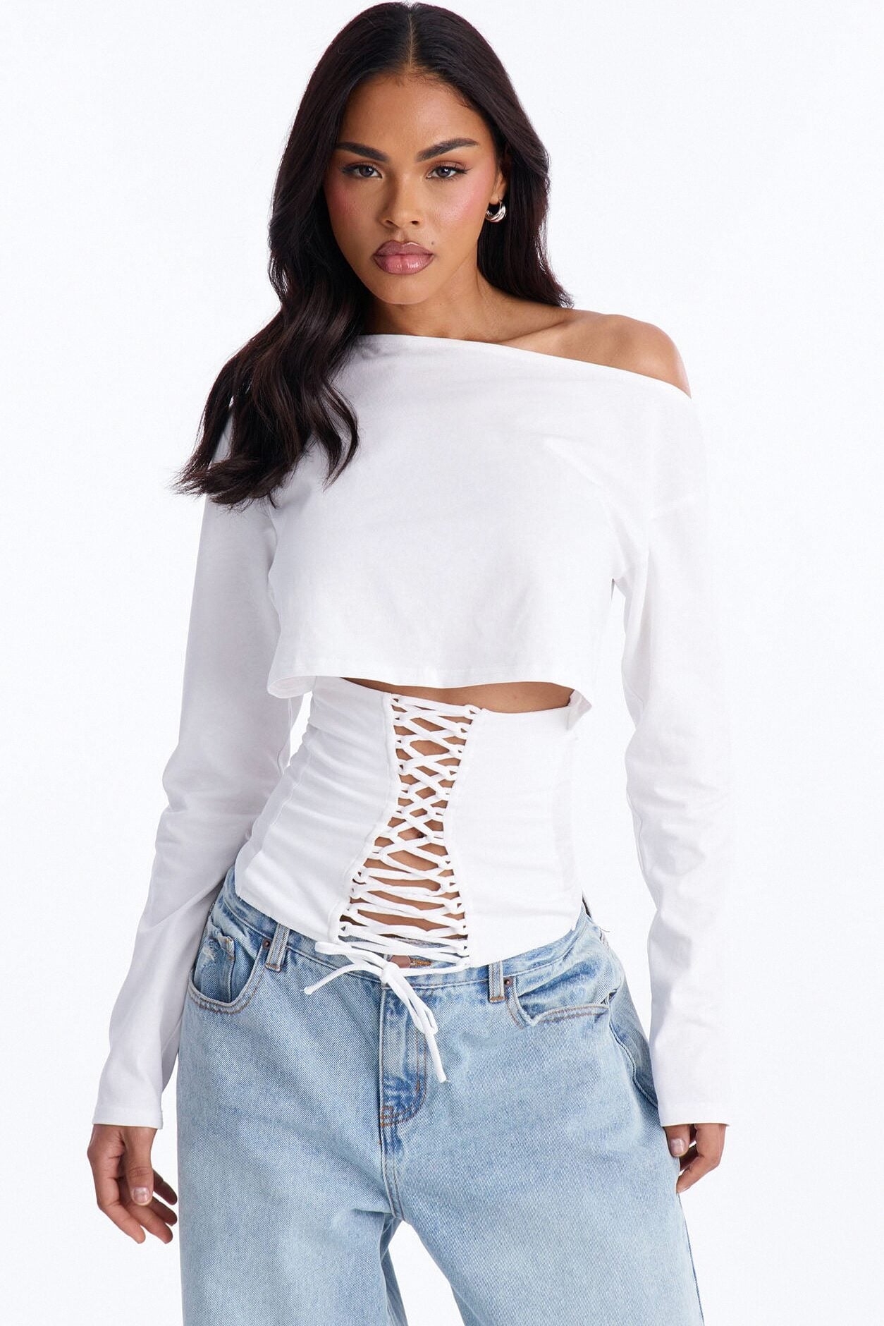 Olandria Off Shoulder Lace Up Long Sleeve Top - White image 1