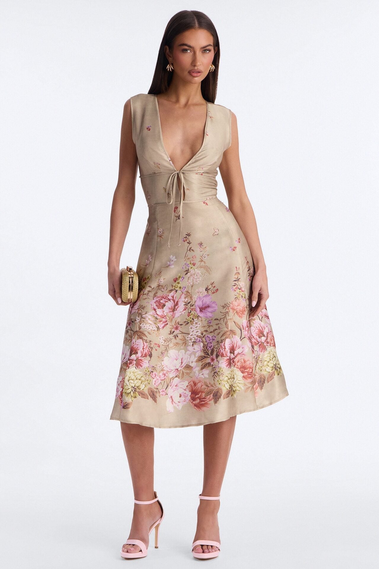 Selene Sleeveless Floral Satin Midi Dress - Brown/combo image 1