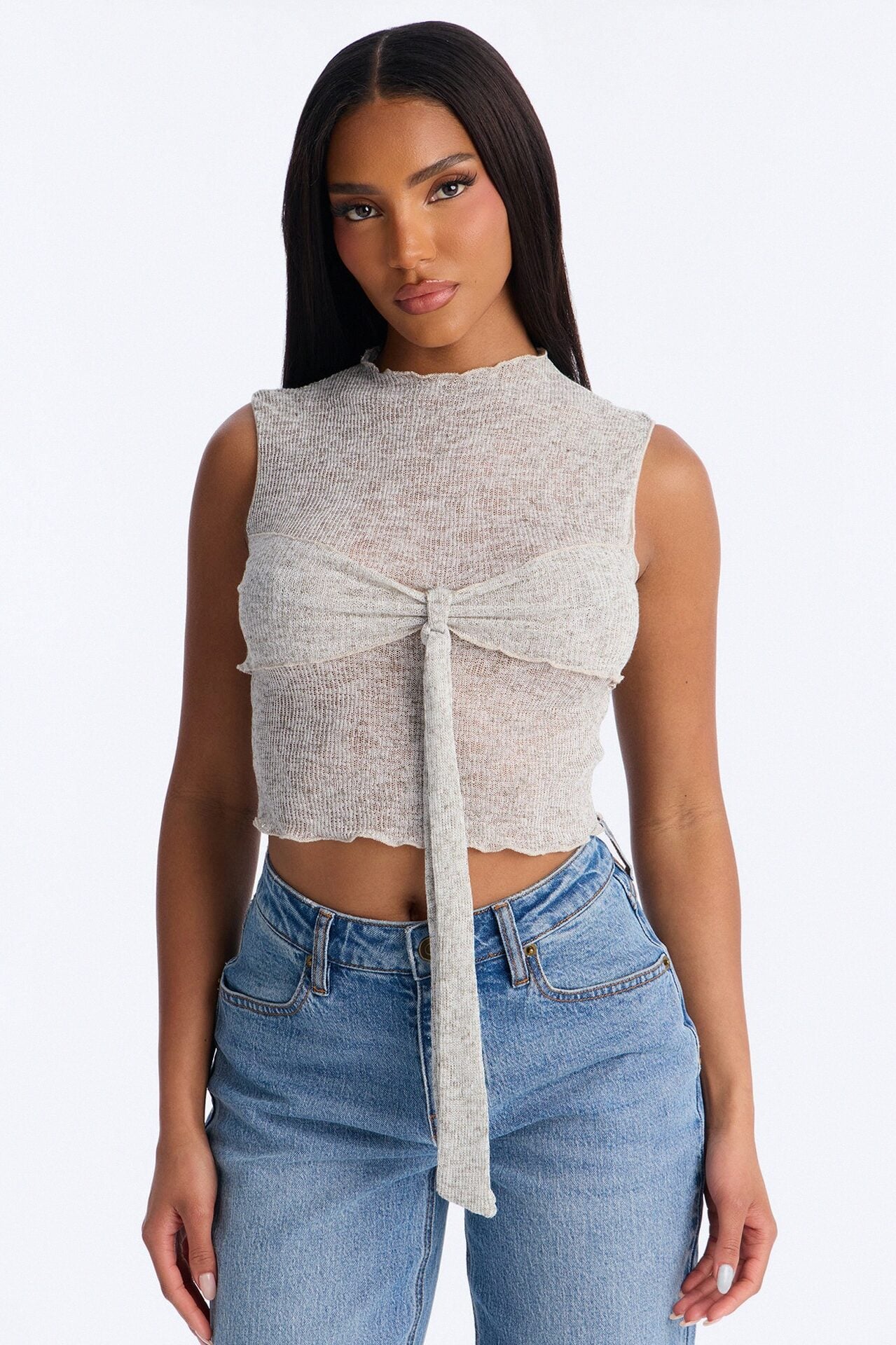 Heather Mock Neck Tie Sleeveless Top - Grey/combo image 1
