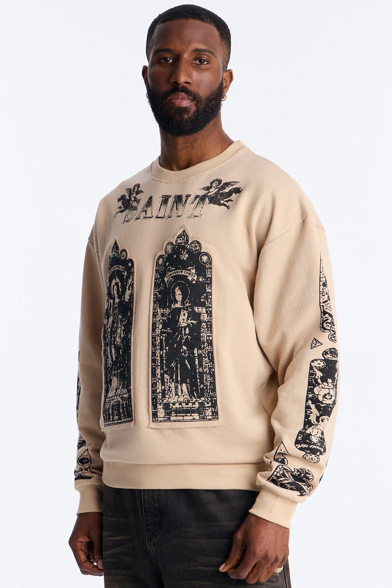 Saint Message Patched Crewneck Sweatshirt - Taupe image 1