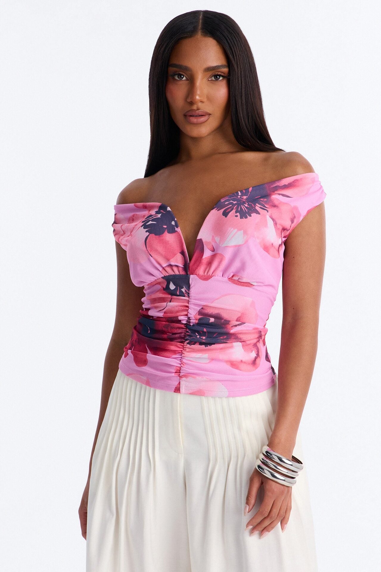 Elise Floral Mesh Ruched Off Shoulder Top - Pink/combo image 1