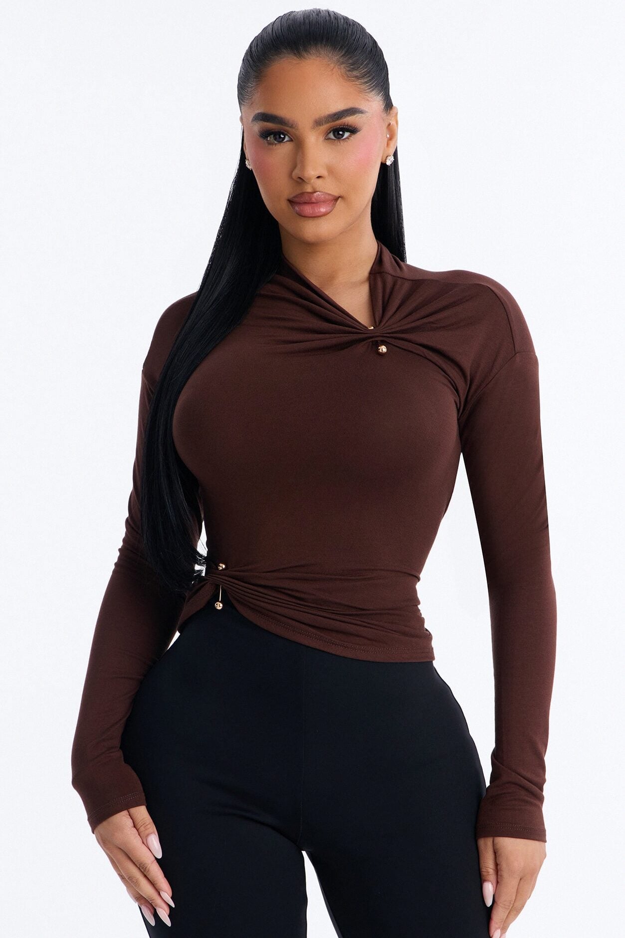 Pin Me Asymmetrical Neck Long Sleeve Top - Brown image 1