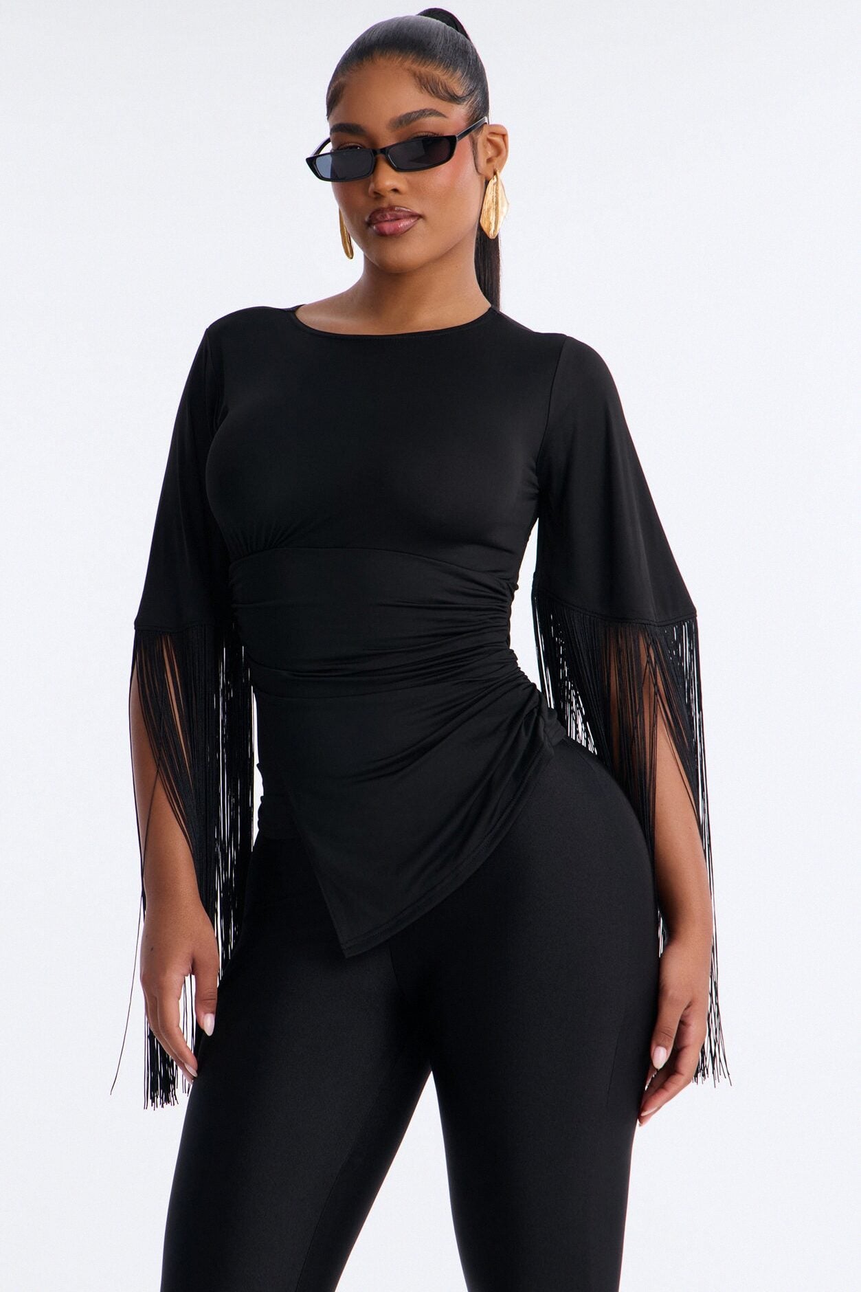 Gia Fringe Trim Short Sleeve Top - Black image 1