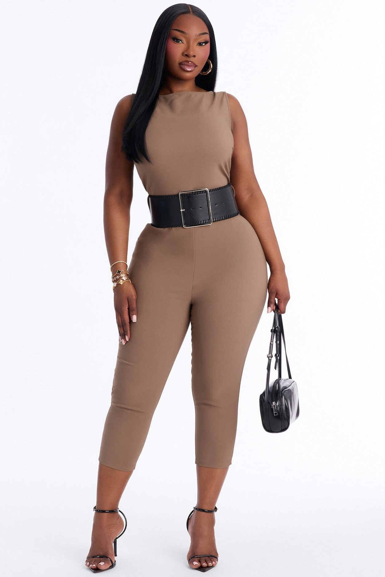 Amaya Boat Neck Belted Capri Jumpsuit - Taupe image 1