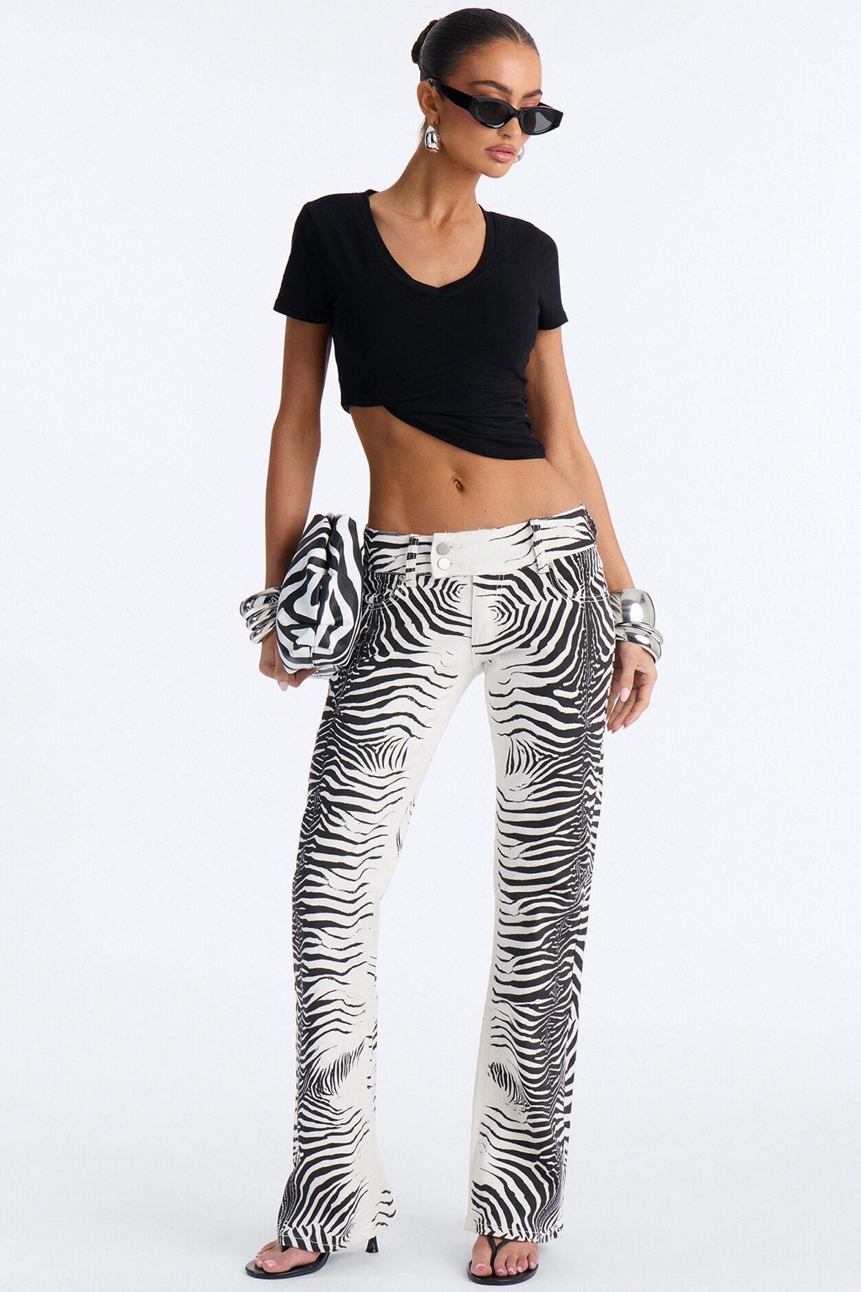 Exotic Taste Low Rise Printed Flare Jeans - White/Black image 1