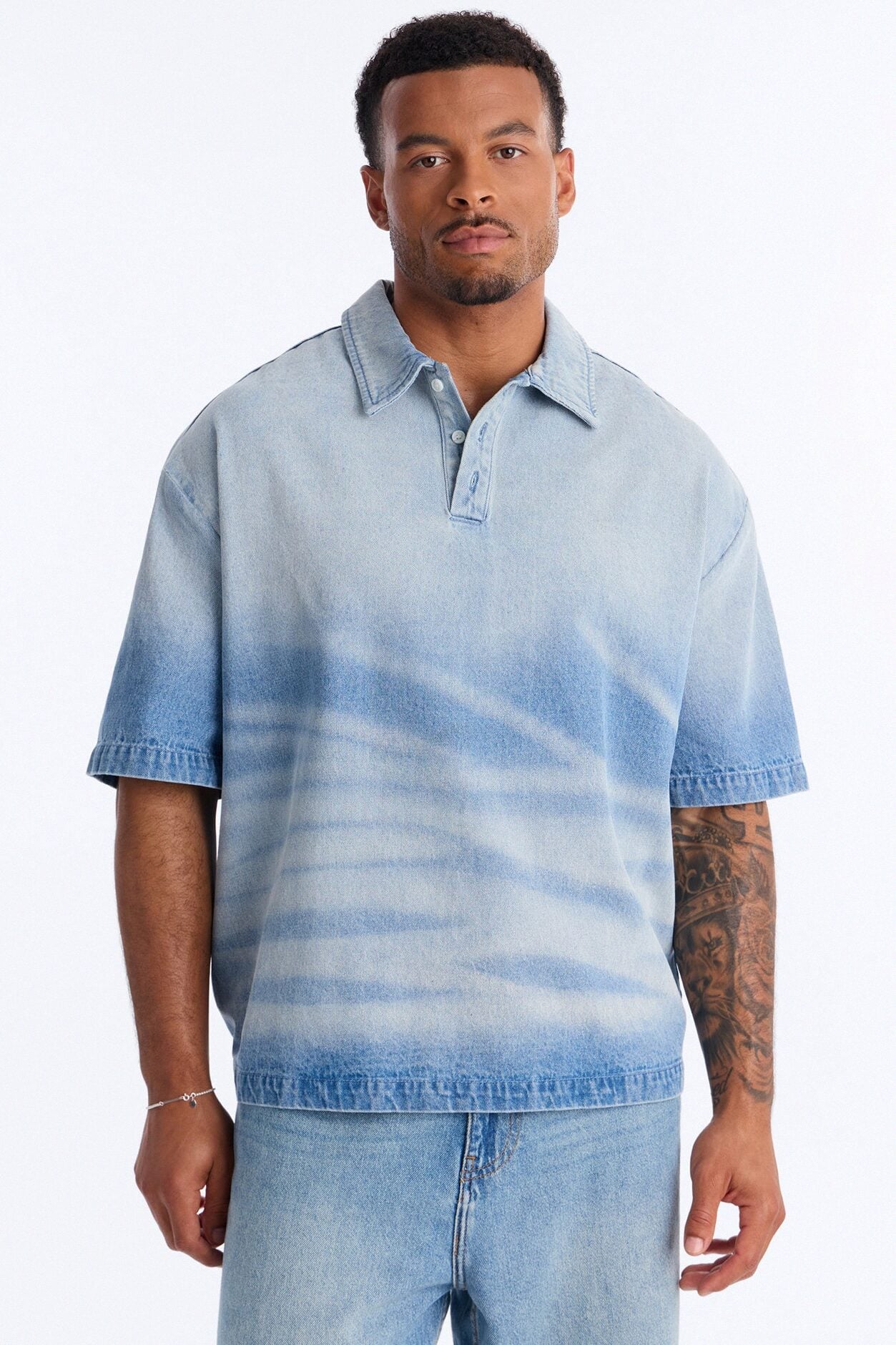 Boxy Faded Wave Denim Polo - Light Blue Wash image 1
