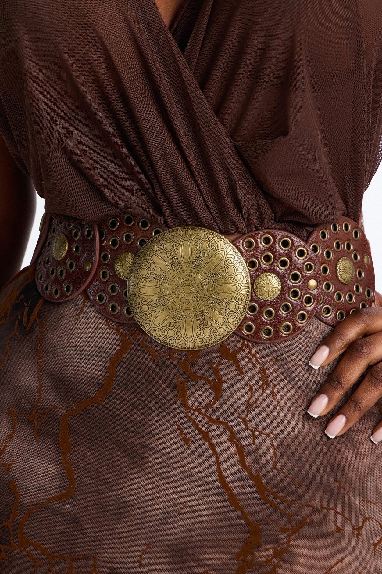 Sand Dust Faux Leather Wide Stretch Belt - Brown image 1
