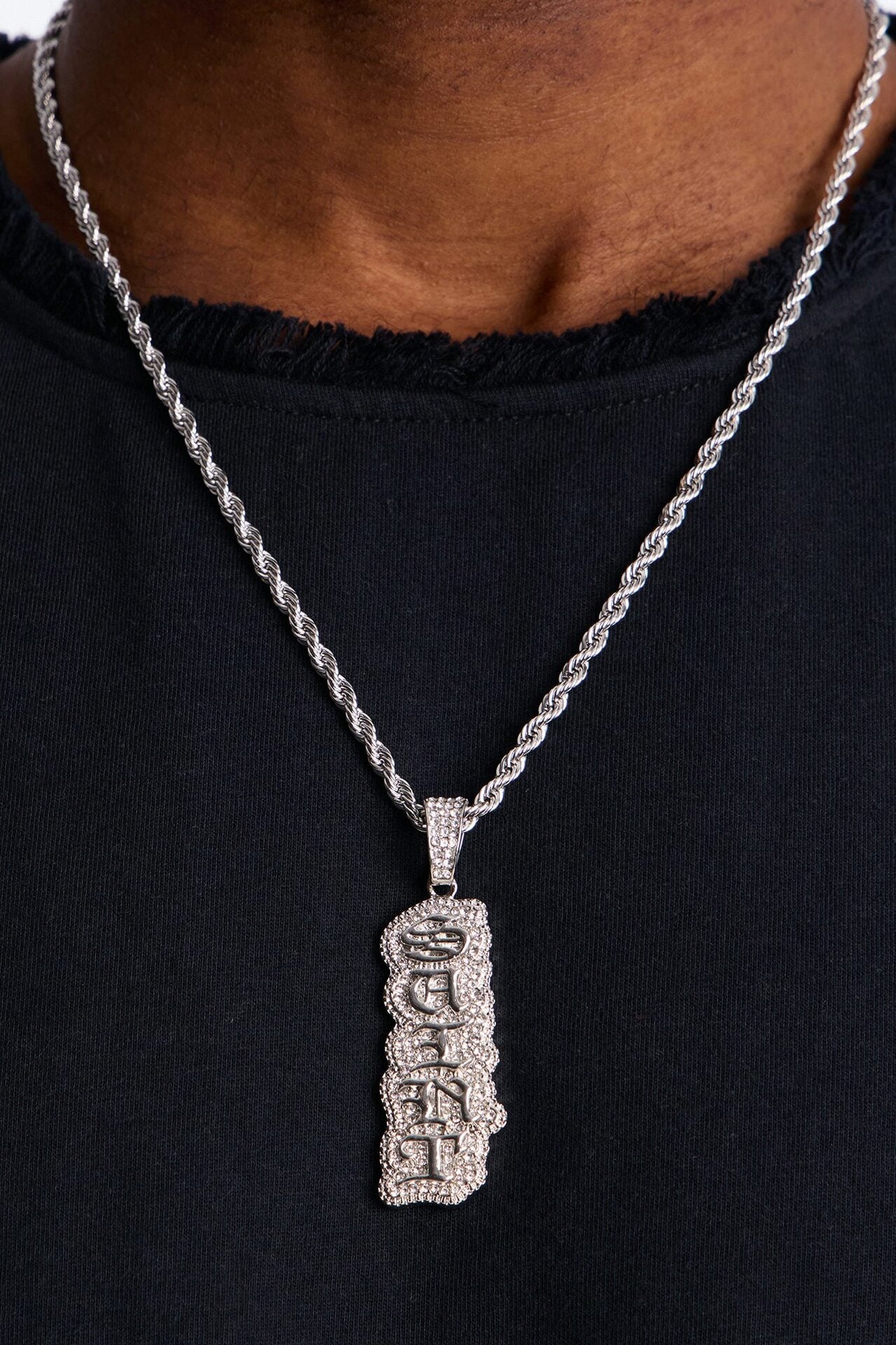 Saint Script Vertical Iced Pendant Necklace - Silver image 1