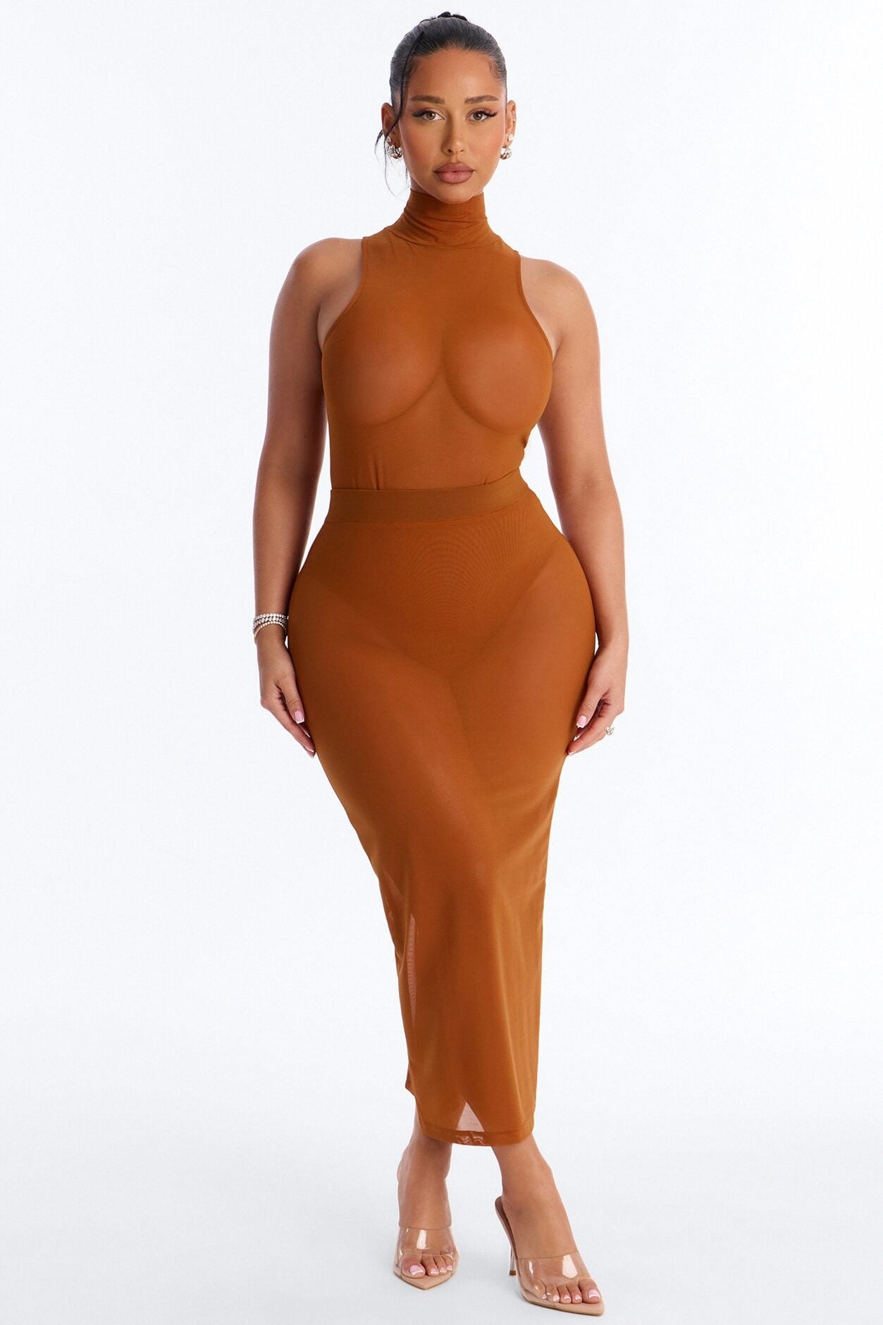 Power Mesh Midi Pencil Skirt - Copper image 1
