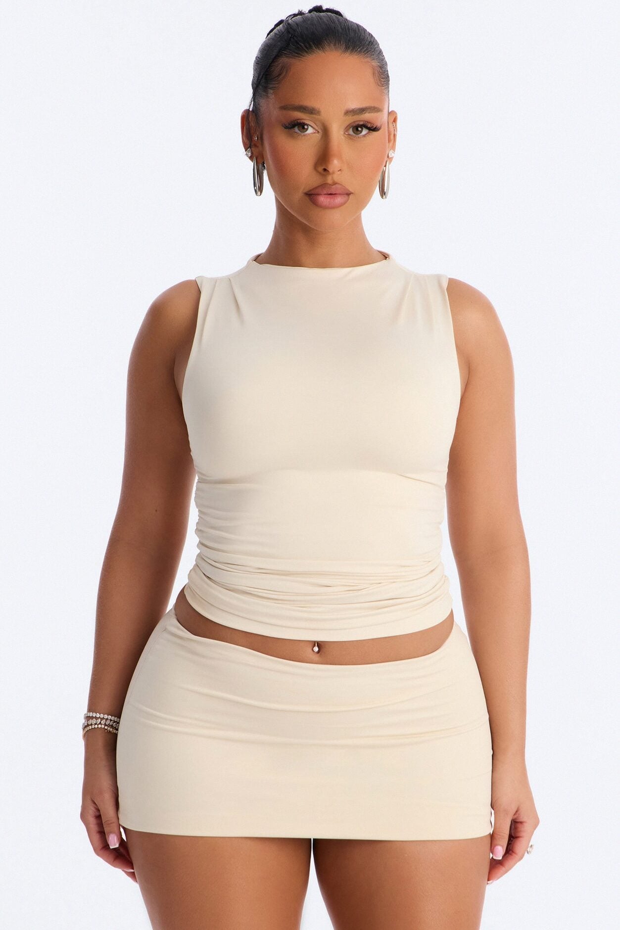 Contour Double Lined Ruched Mock Neck Sleeveless Top - Bone image 1