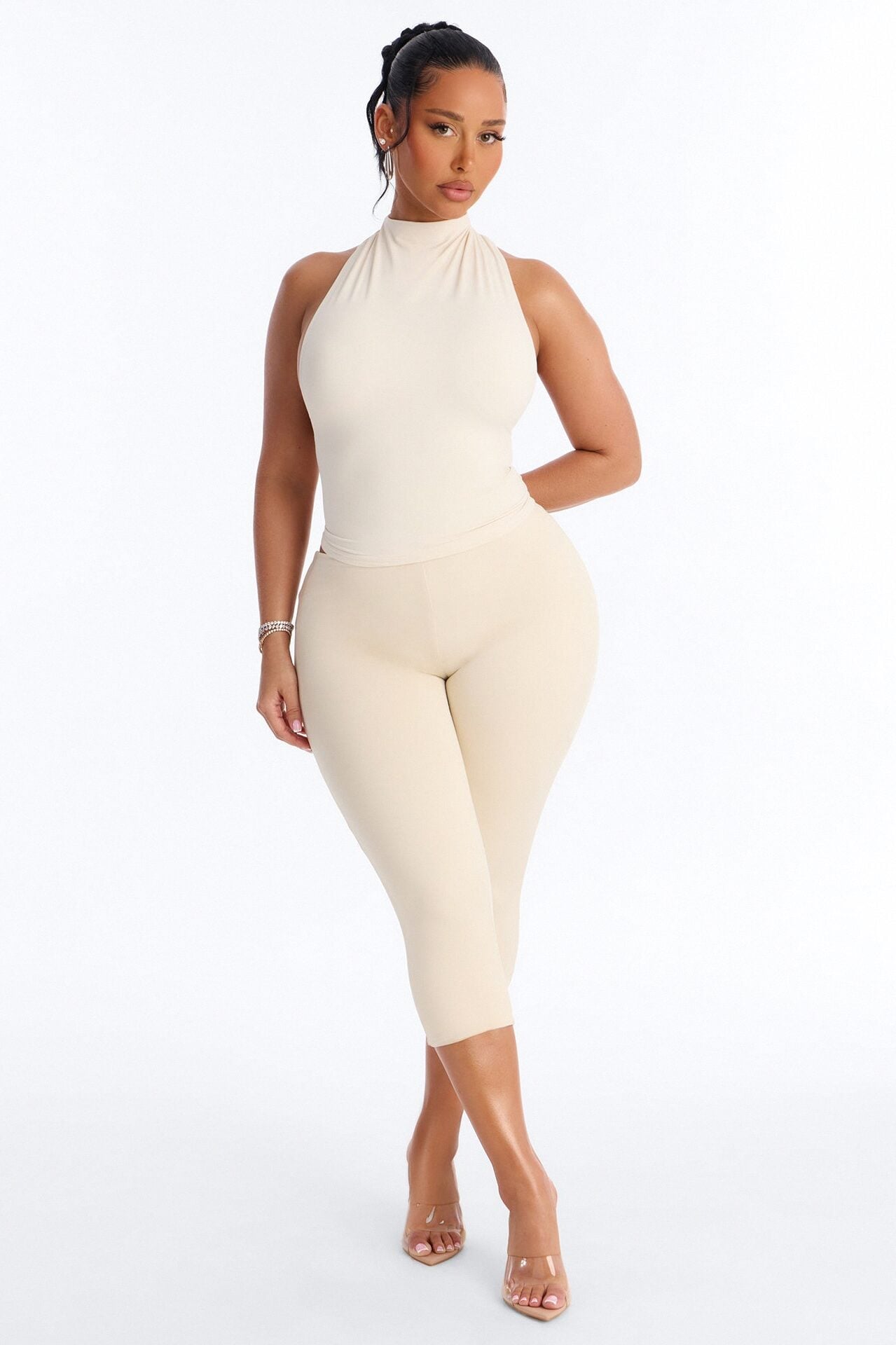 Second Skin Double Lined Mock Neck Racerback Top - Bone image 1