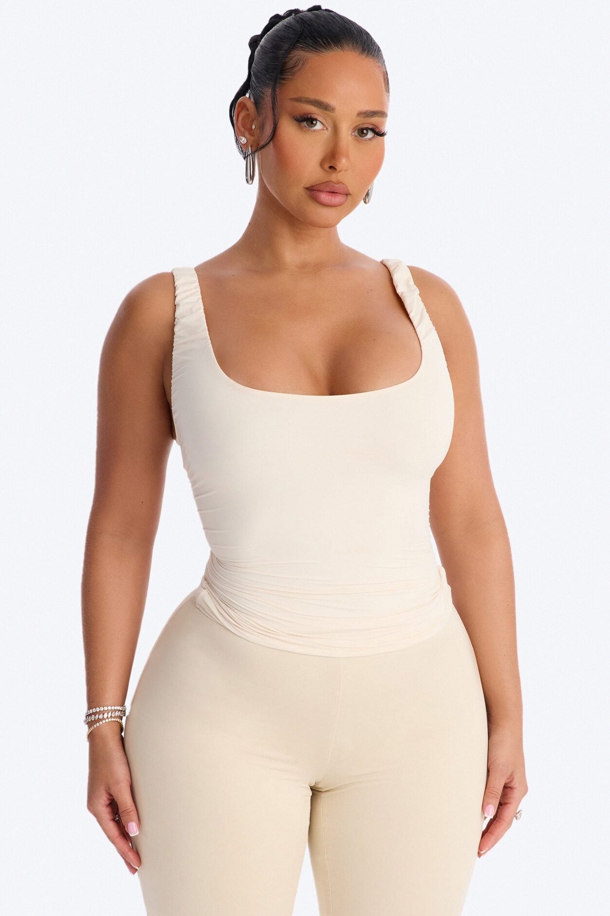 Second Skin Double Lined Scoop Neck Ruched Sleeveless Top - Bone image 1