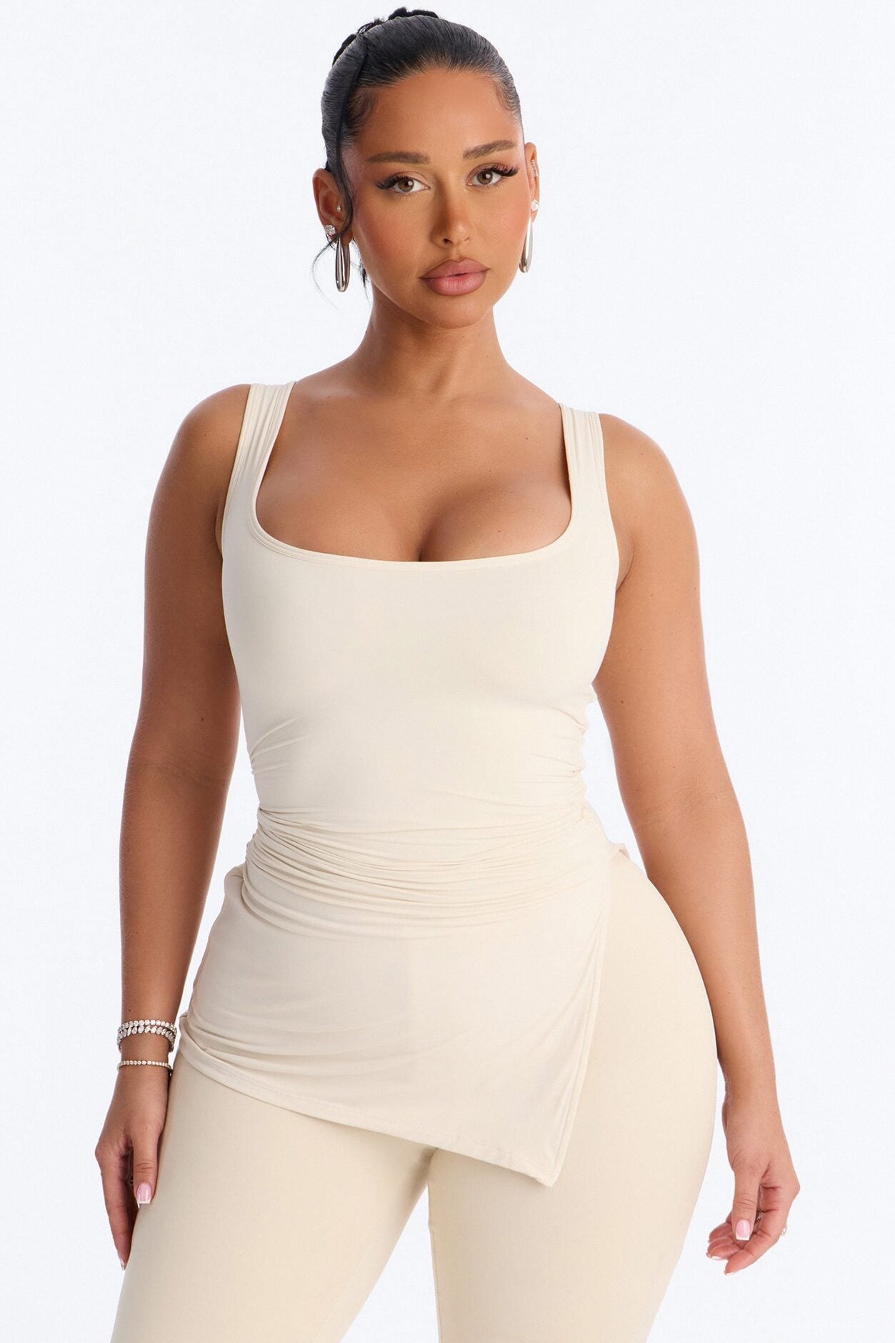 Second Skin Double Line Asymmetrical Ruched Tank Top - Bone image 1