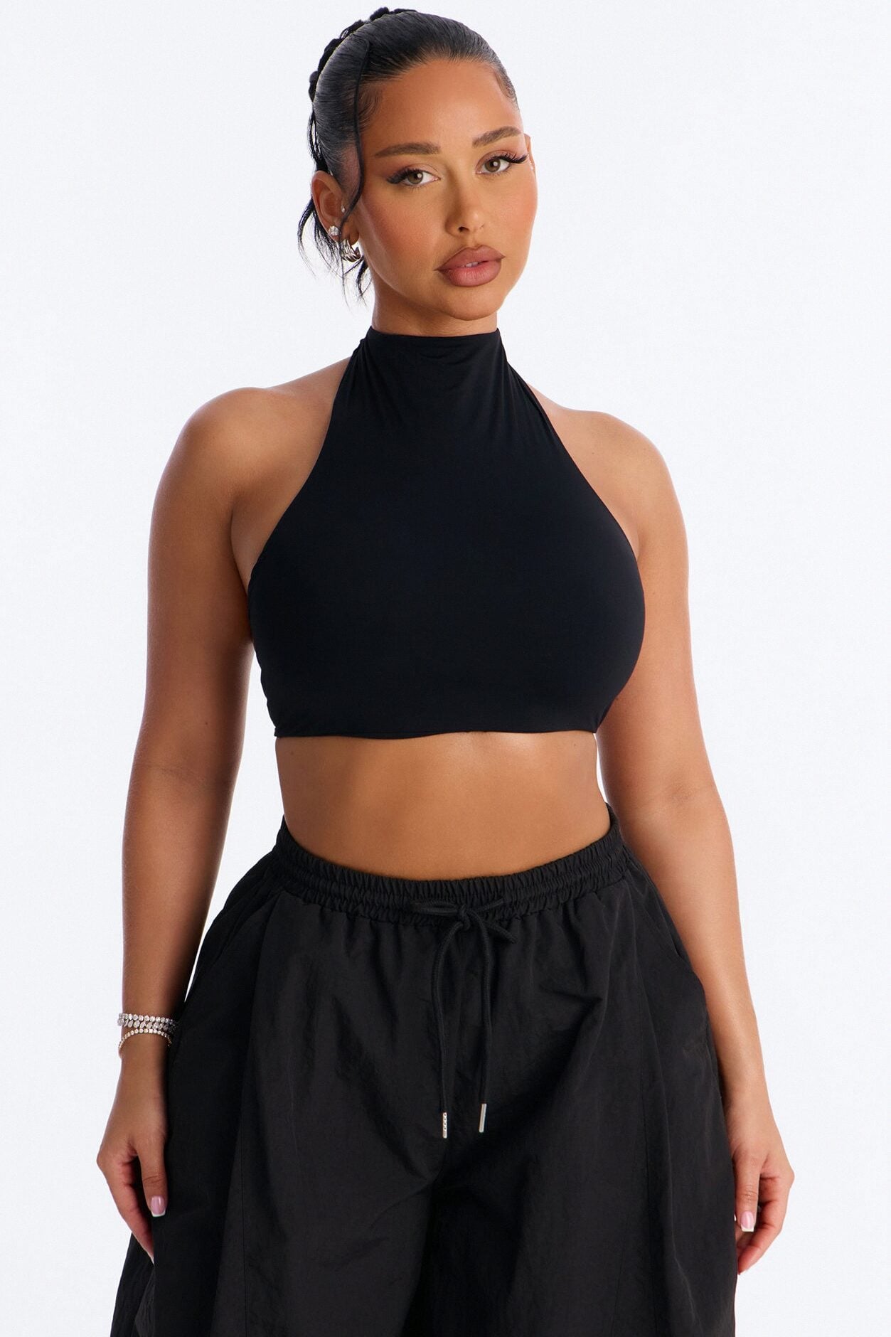 Second Skin Padded Backless Mock Neck Halter Top - Black image 1