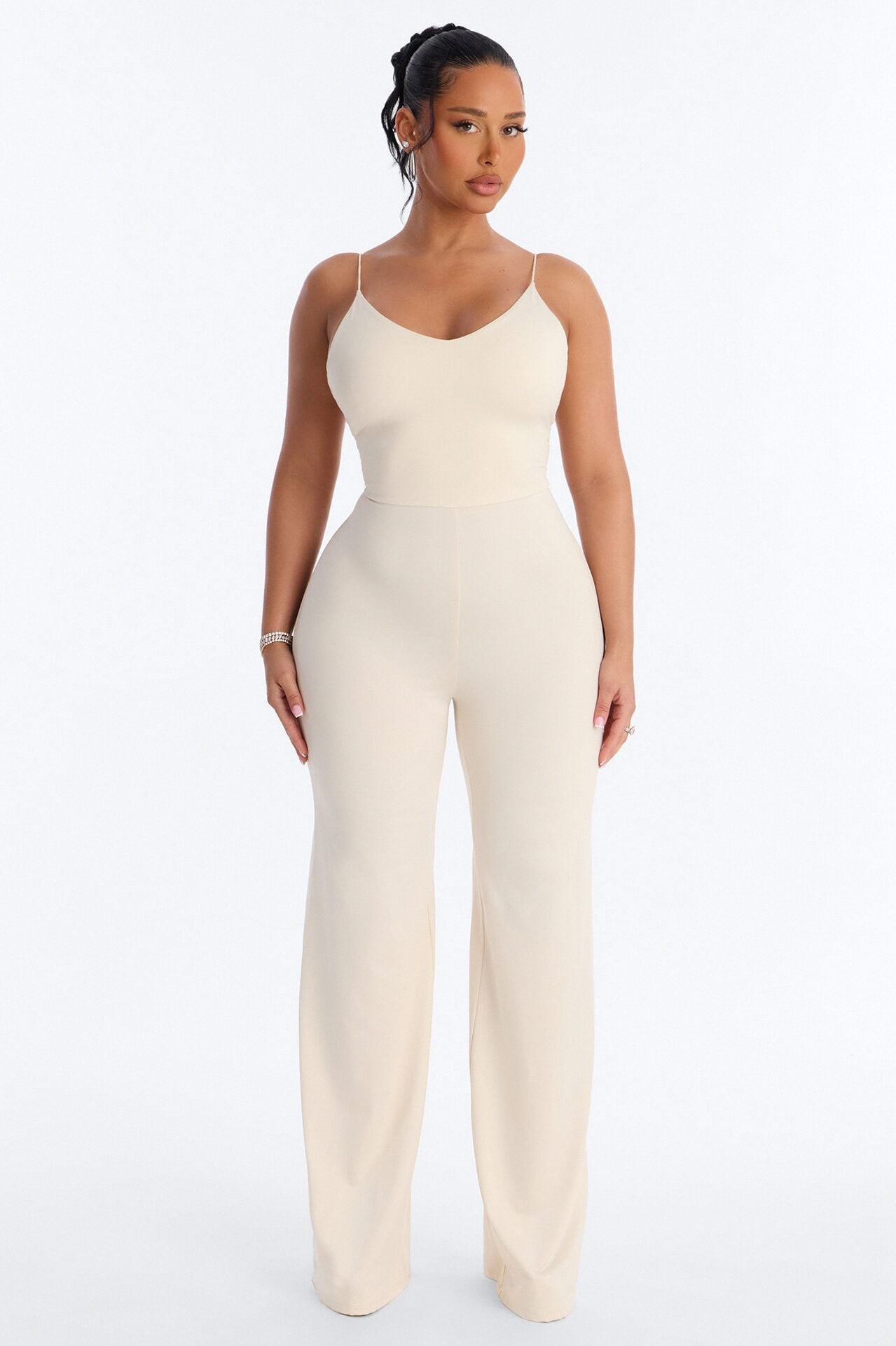 Contour Double Lined Spaghetti Strap Scoop Neck Jumpsuit - Bone image 1