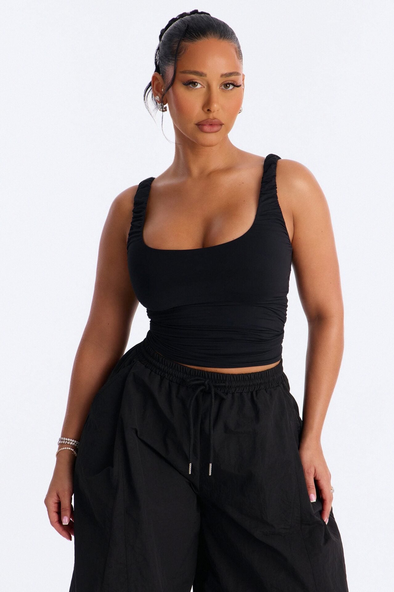 Second Skin Double Lined Scoop Neck Ruched Sleeveless Top - Black image 1