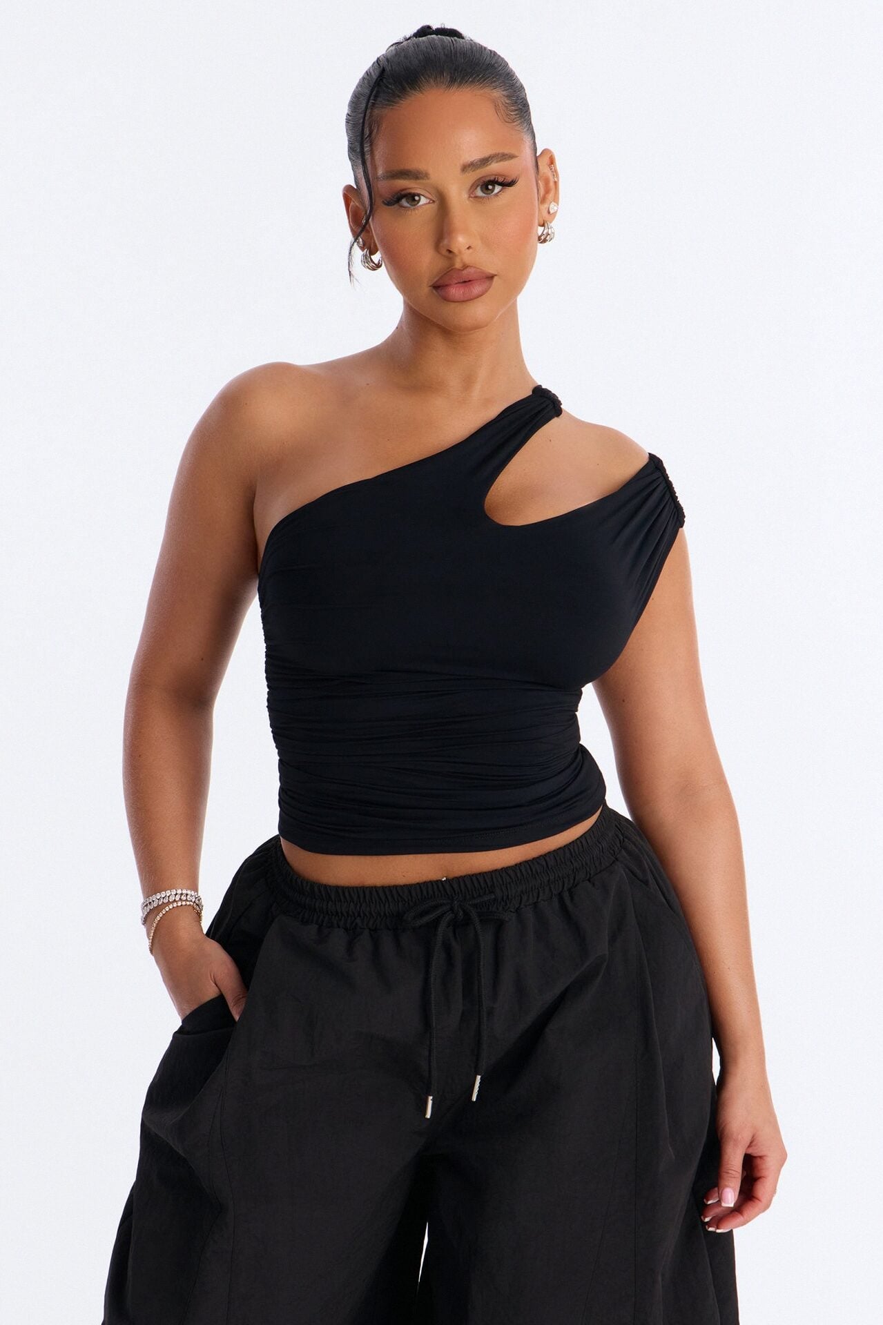 Second Skin Double Lined Cut Out One Shoulder Sleeveless Top - Black image 1