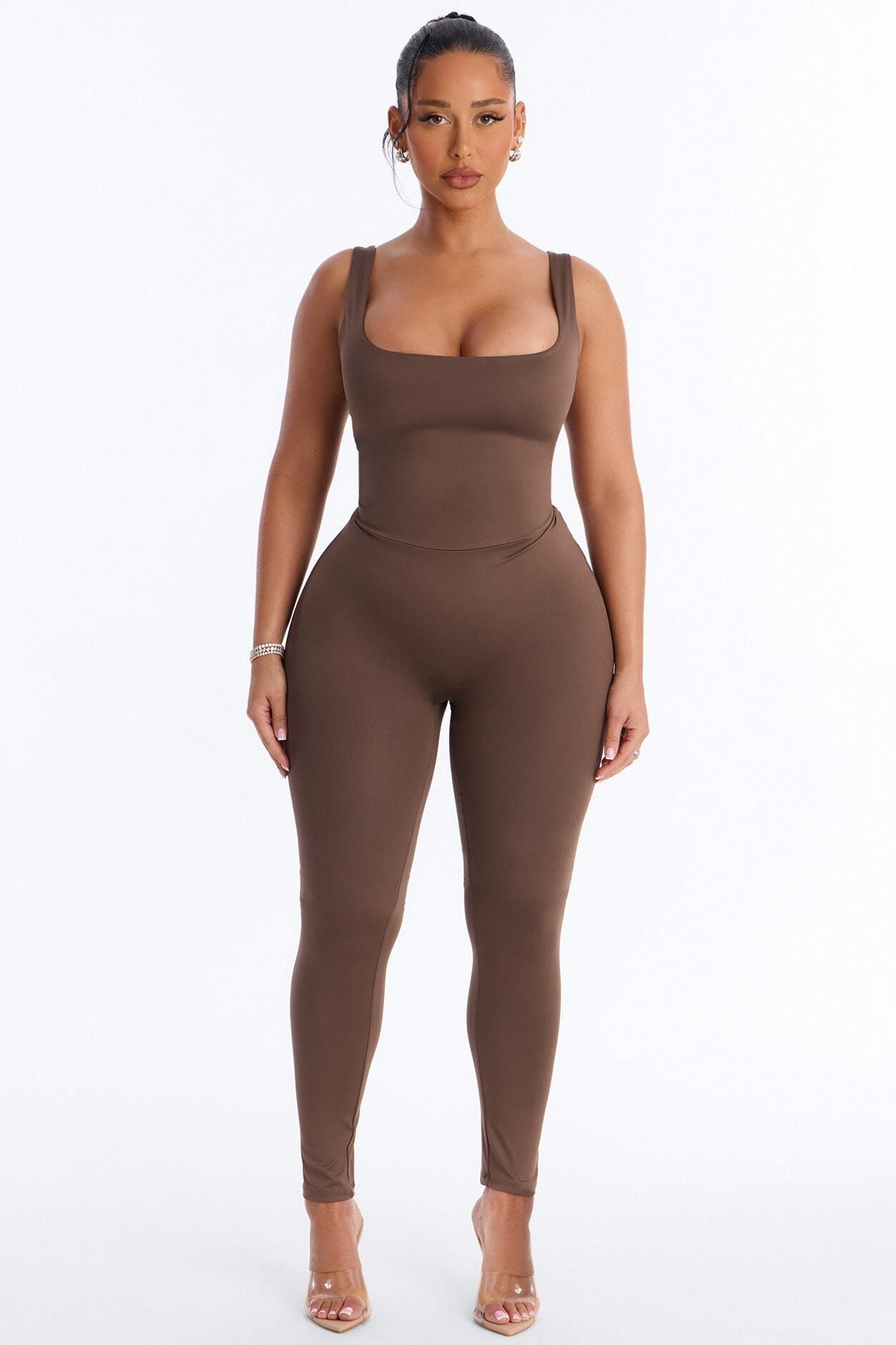 Contour Double Lined Sleeveless Square Neck Jumpsuit - Brown image 1