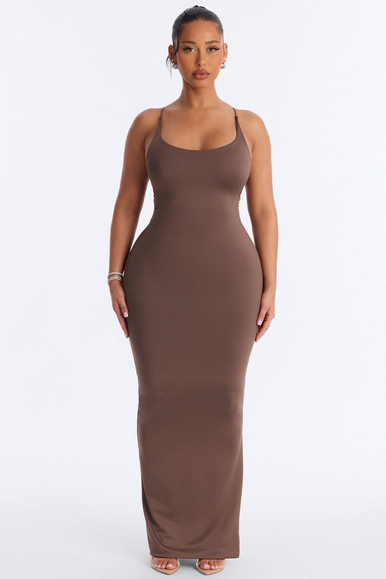 Contour Double Lined Scoop Neck Spaghetti Strap Maxi Dress - Brown image 1