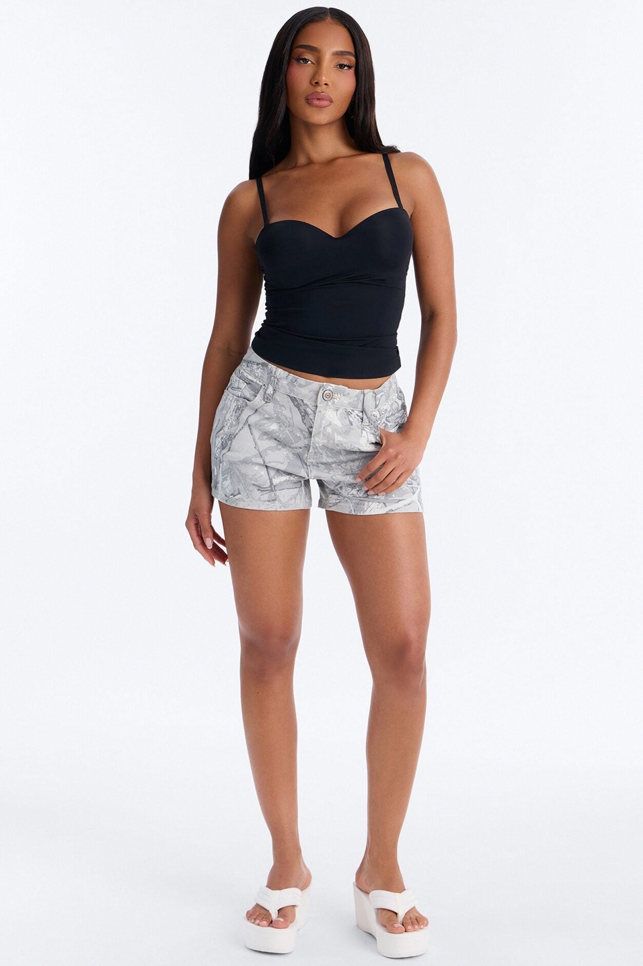 Can't See Me Stretch Camo Denim Shorts - Grey/combo image 1