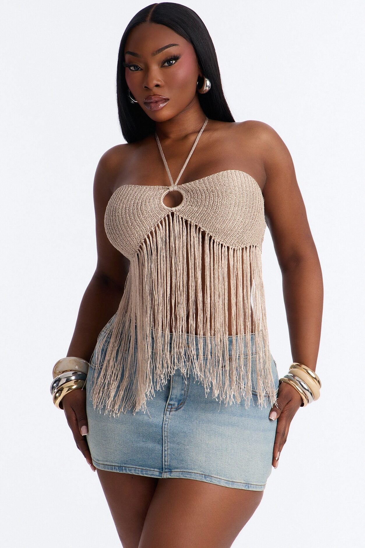 Island Dream Metallic Fringe Crochet Halter Top - Taupe image 1