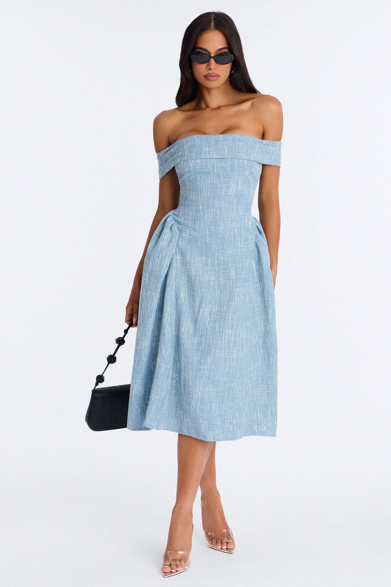 Paisley Off Shoulder Tweed Midi Dress - Denim image 1