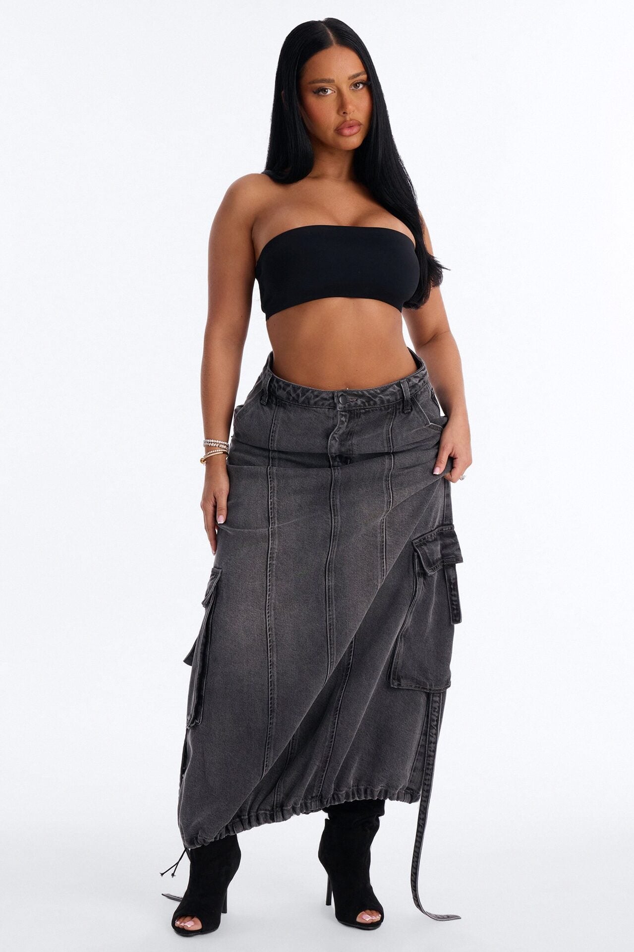 Cool Girl Low Rise Denim Cargo Jogger Maxi Skirt - Charcoal image 1