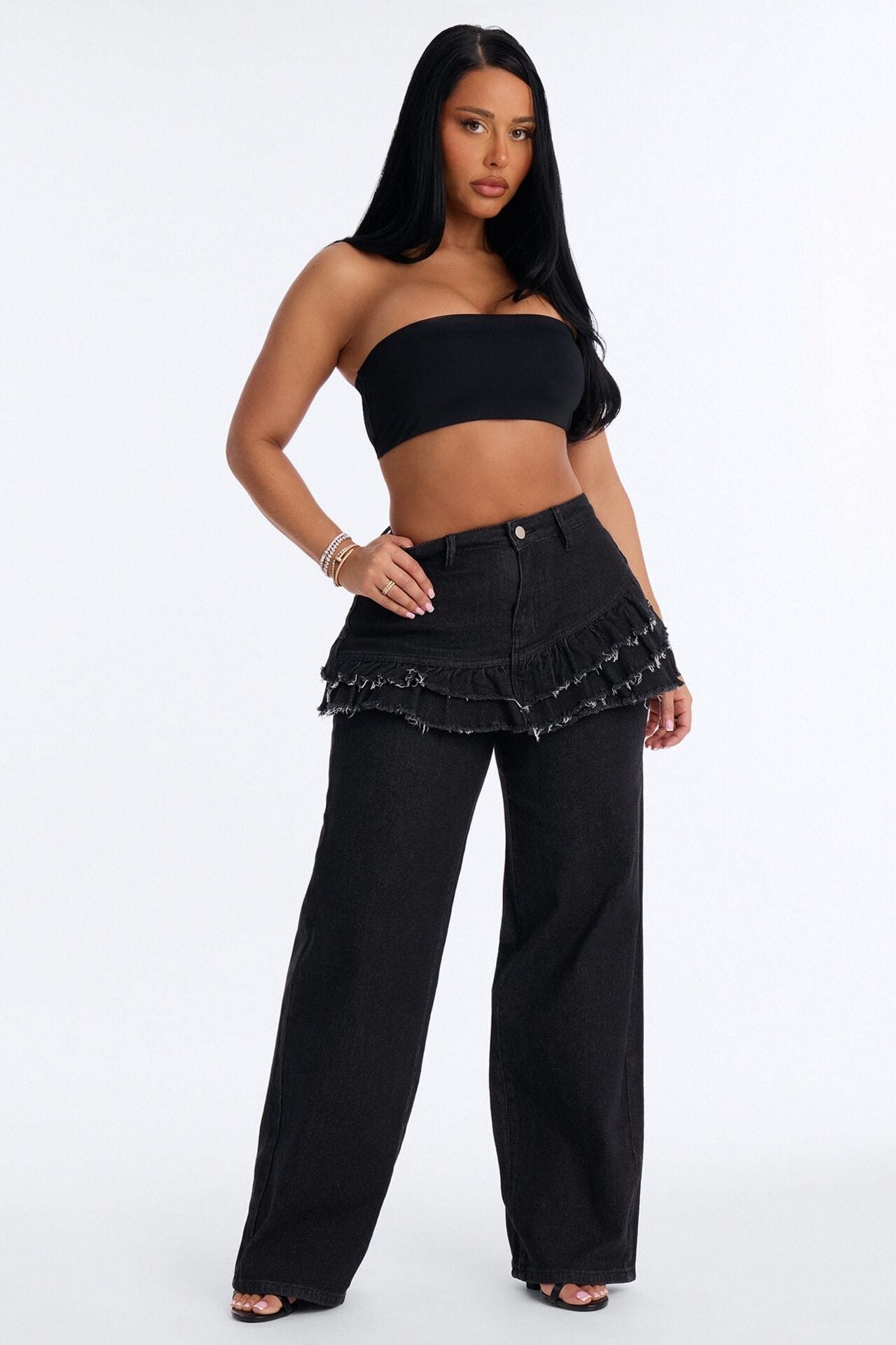 Throw It Back Skirt Overlay Jeans - Black Wash image 1