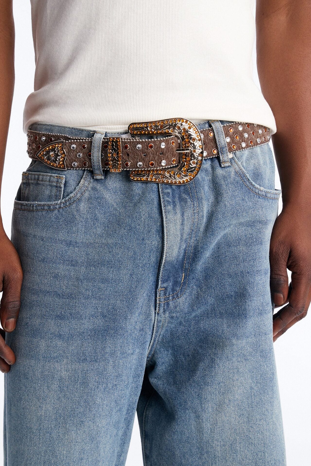 Rhinestone Embellished Faux Pony Hair Western Buckle Belt - Brown image 1