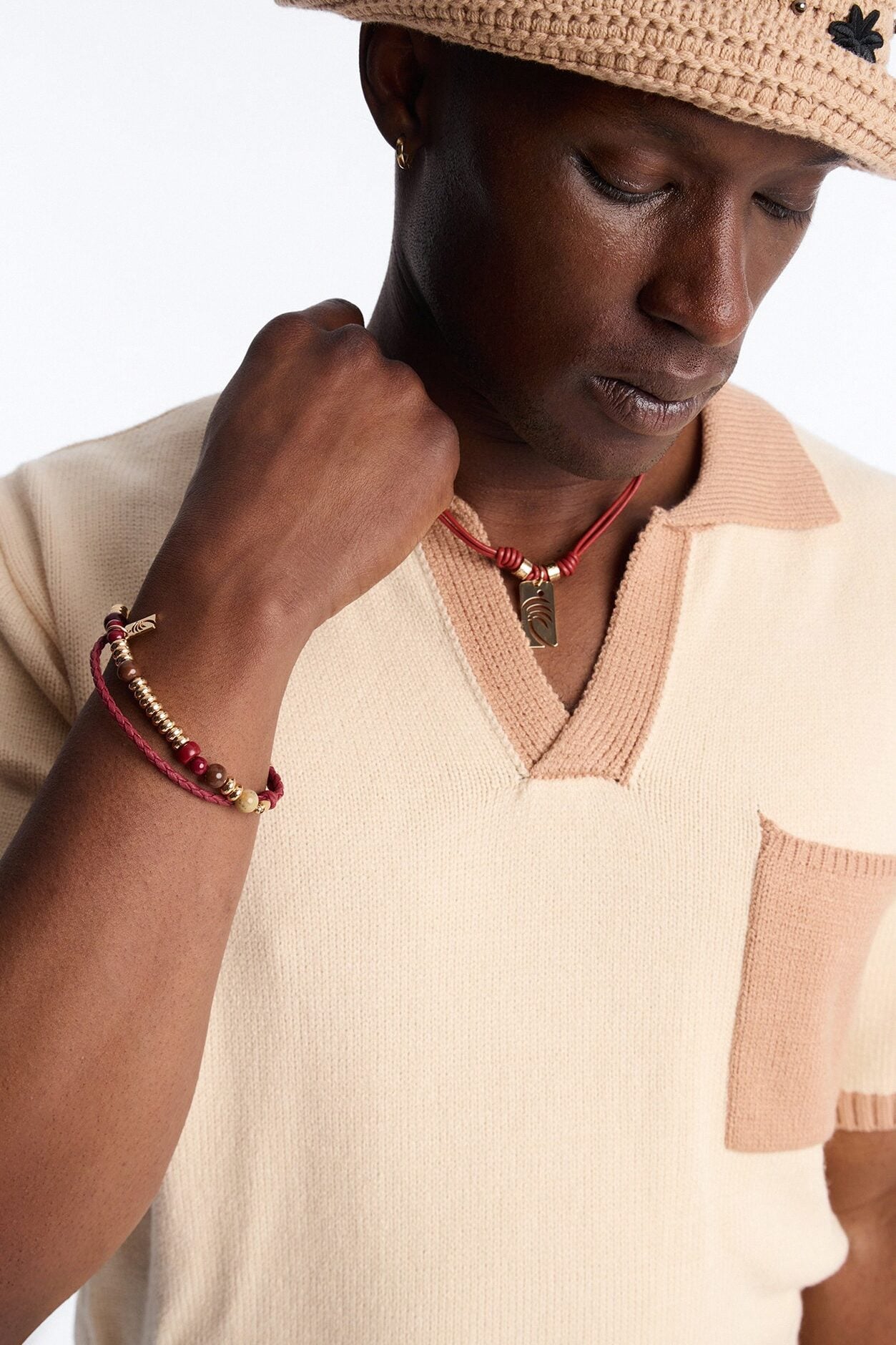 Palm Faux Leather Cording Necklace And Bracelet Set - Burgundy image 1