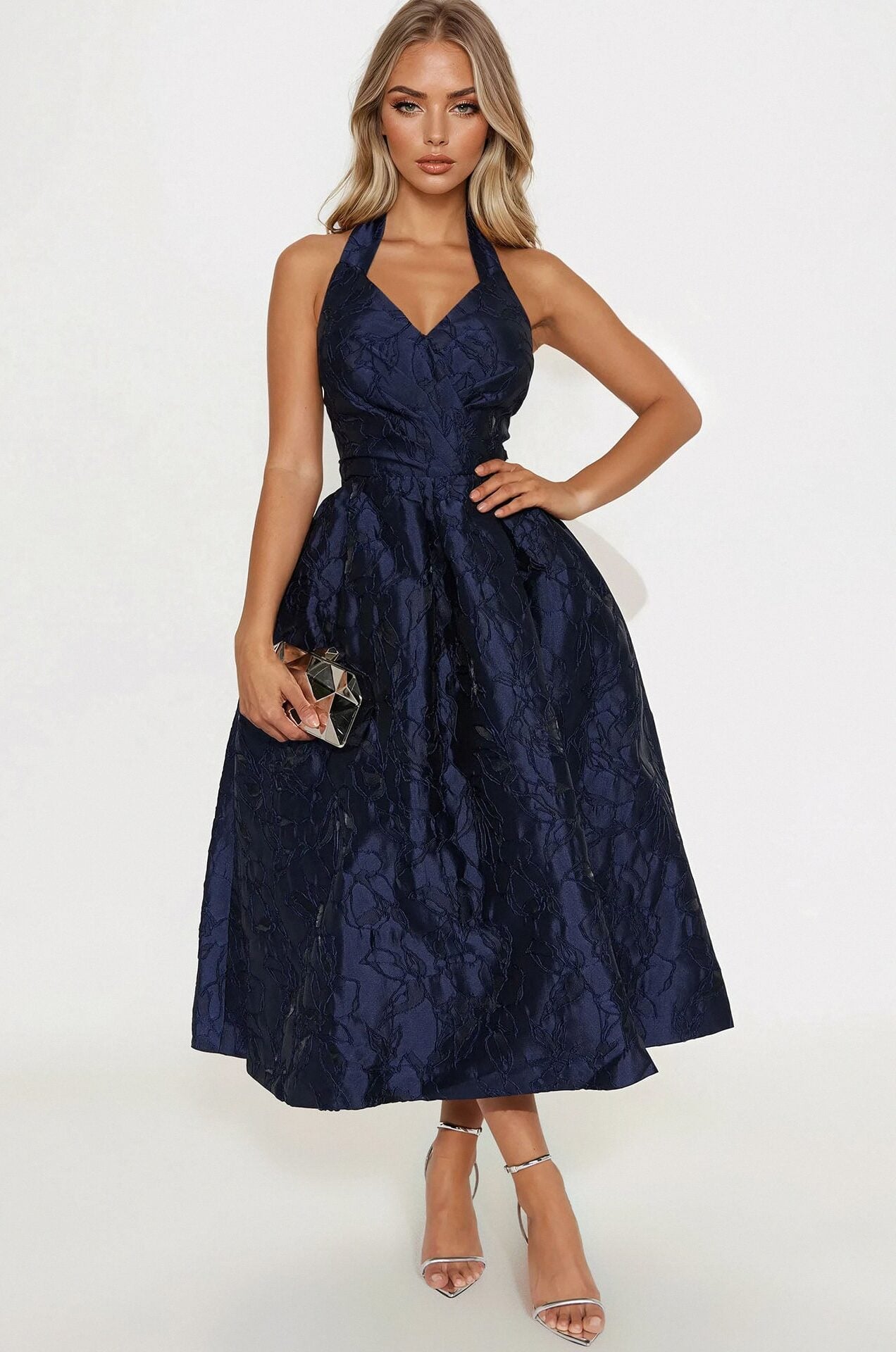 Keep You Enchanted Jacquard Halter Midi Dress - Navy image 1