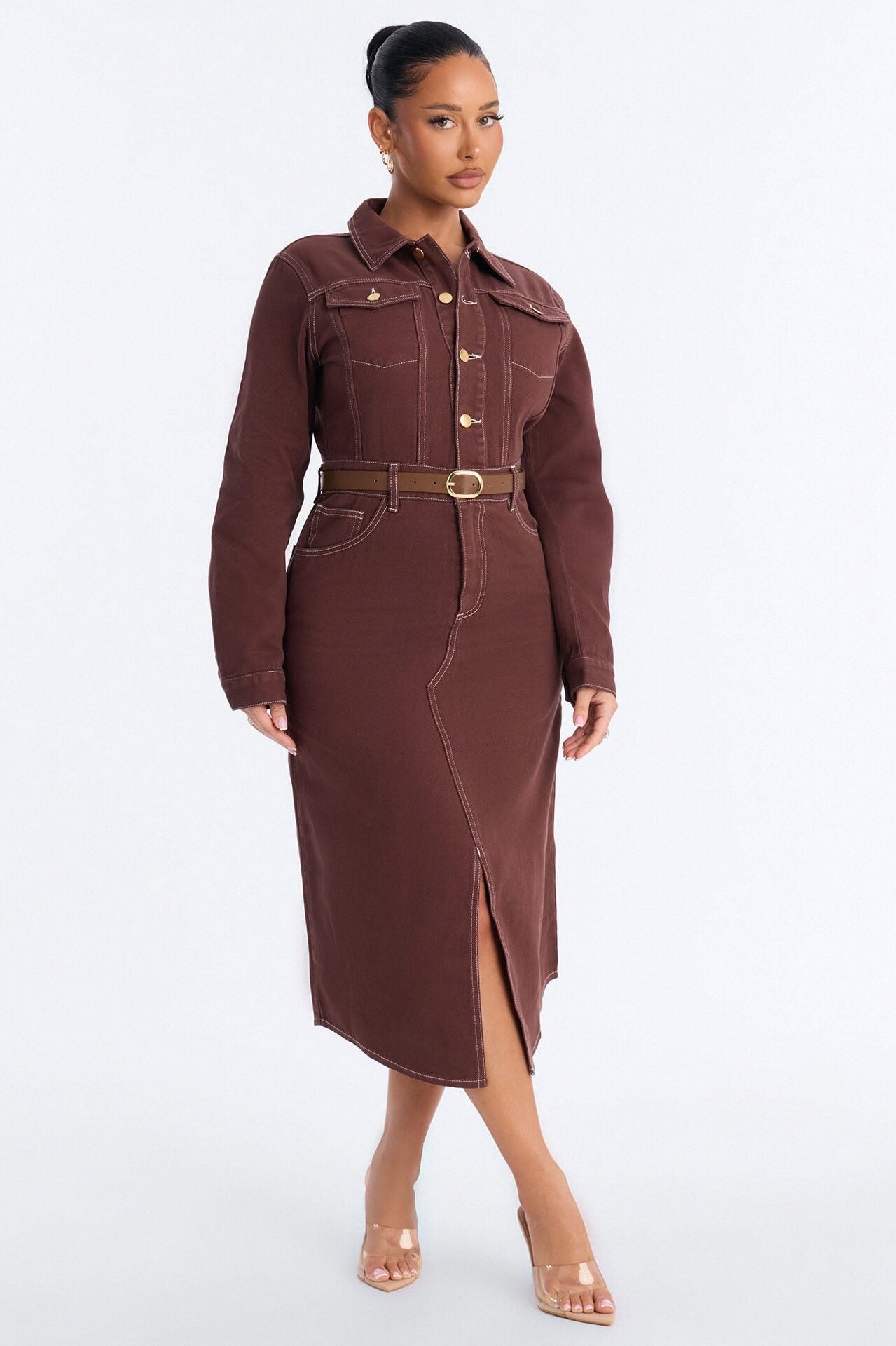 Harper Belted Denim Midi Dress - Brown image 1