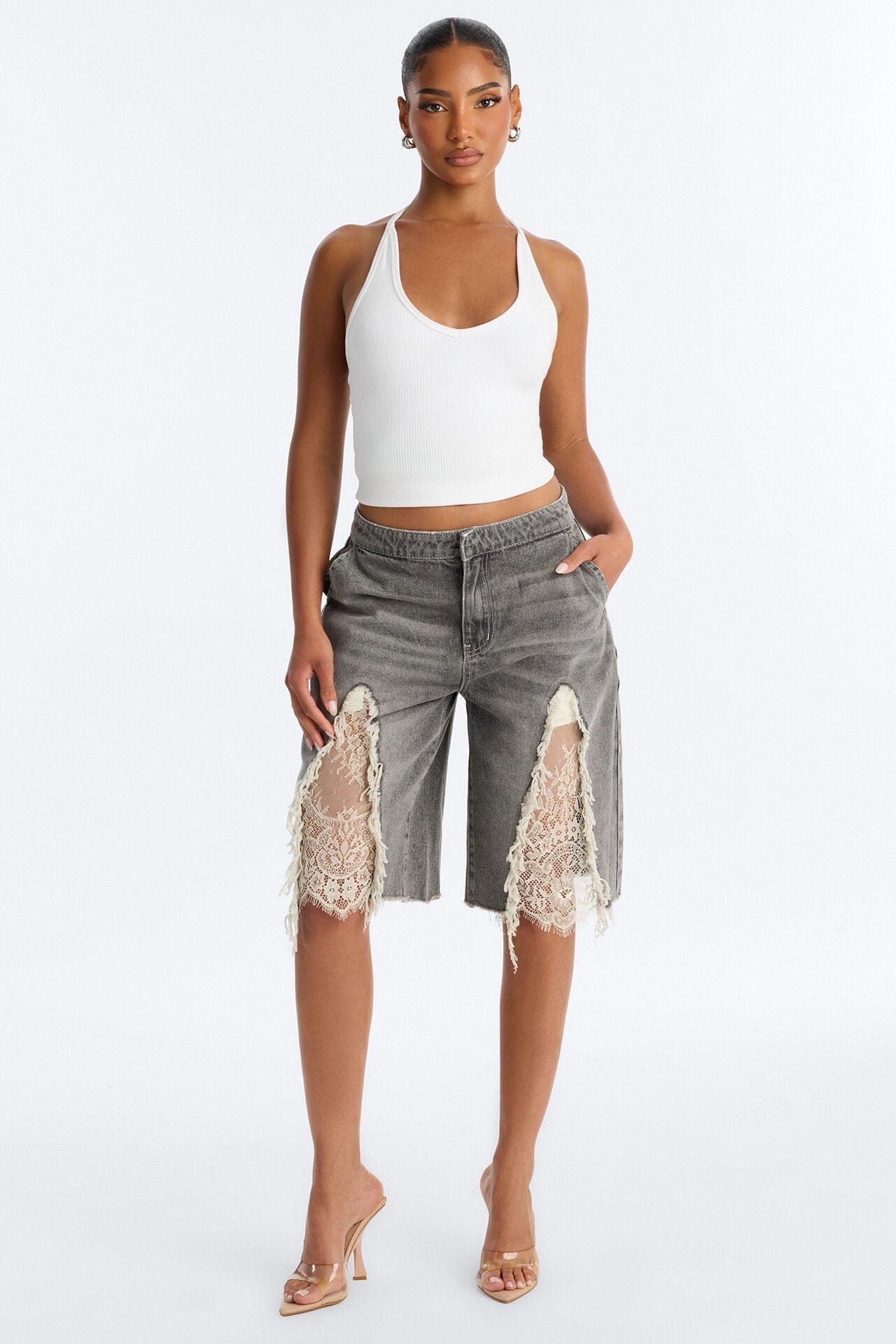 The Way It Goes Lace Detail Denim Jorts - Grey image 1