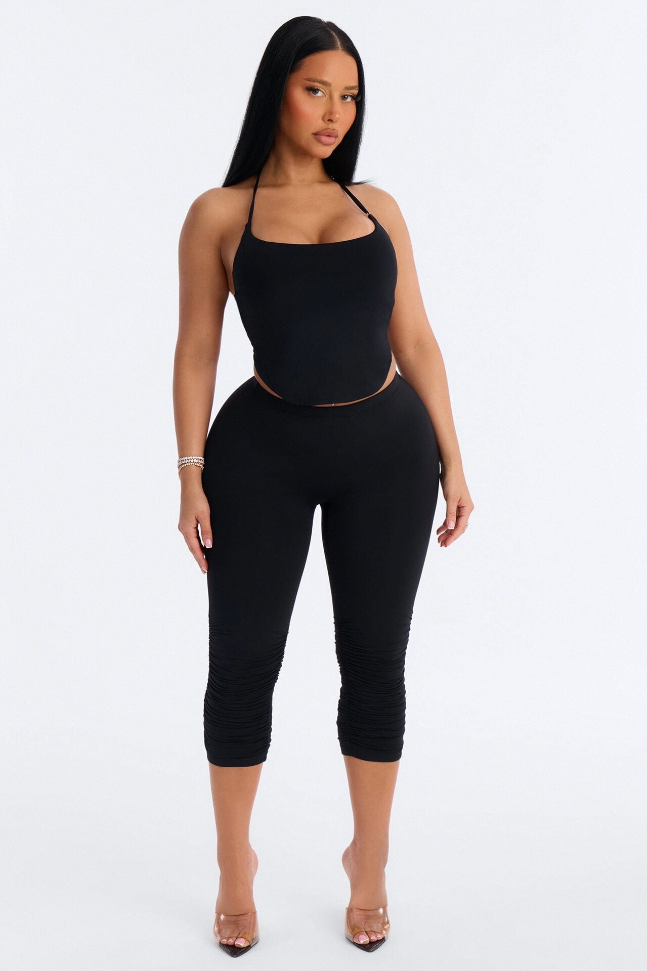 Second Skin Double Lined Ruched Low Rise Capri Legging - Black image 1