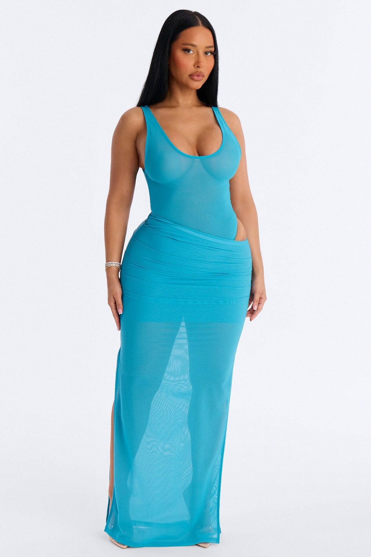 Power Mesh Ruched Maxi Skirt - Blue image 1