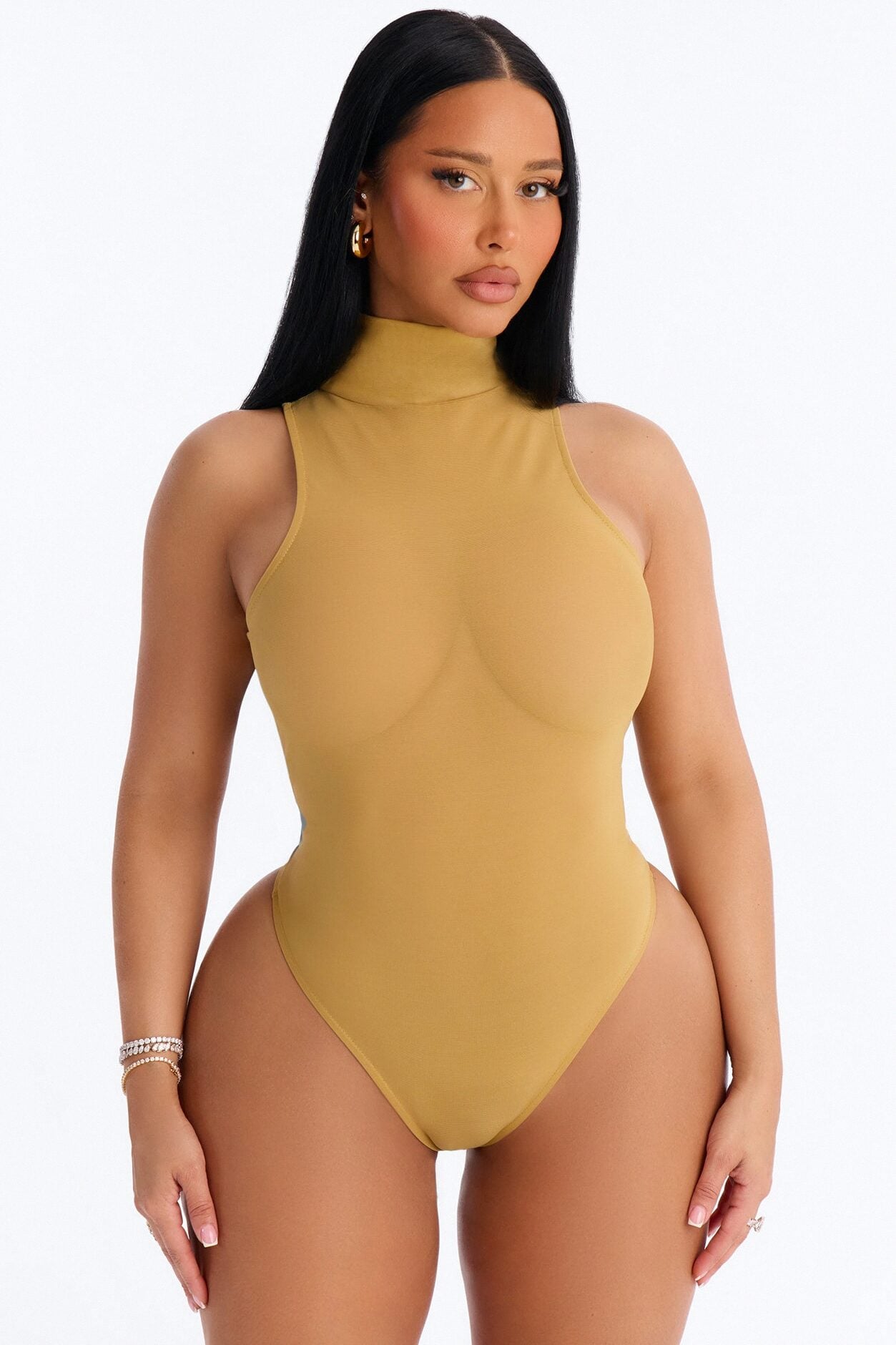 Power Mesh Turtle Neck Sleeveless Bodysuit - Honey image 1