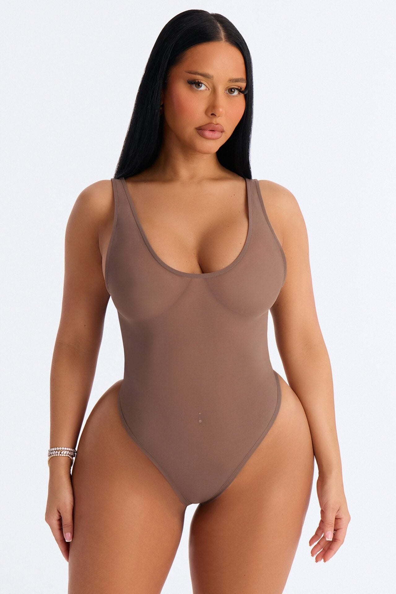 Power Mesh Deep U Neck Sleeveless Bodysuit - Brown image 1