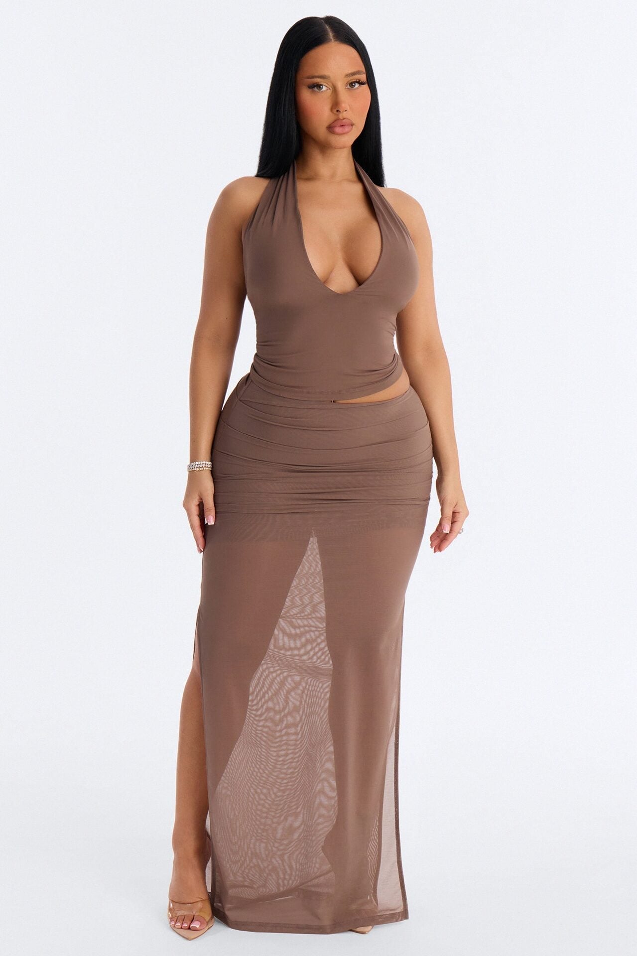Power Mesh Ruched Maxi Skirt - Brown image 1