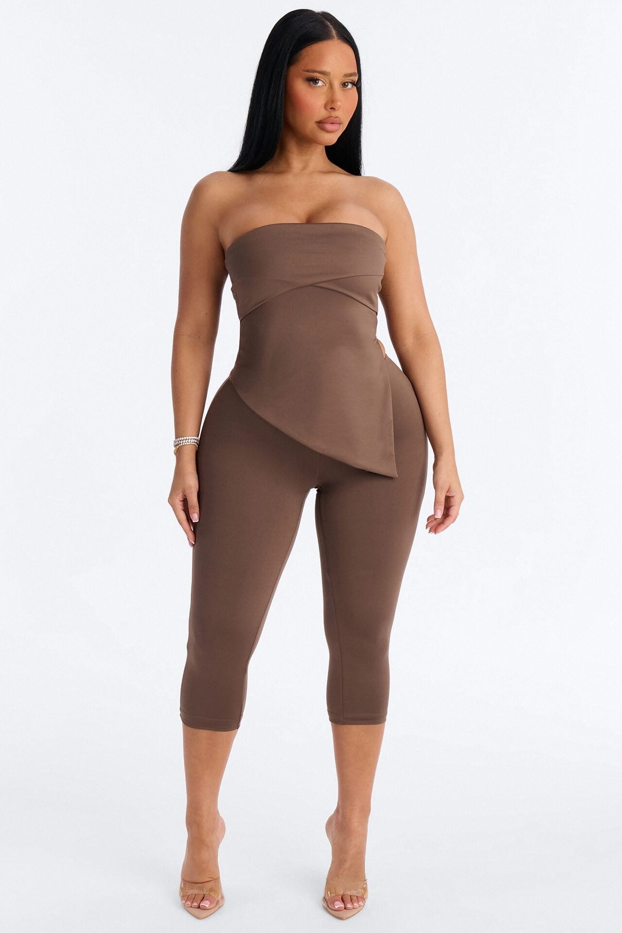 Contour Double Lined Asymmetrical Split Tube Top - Brown image 1