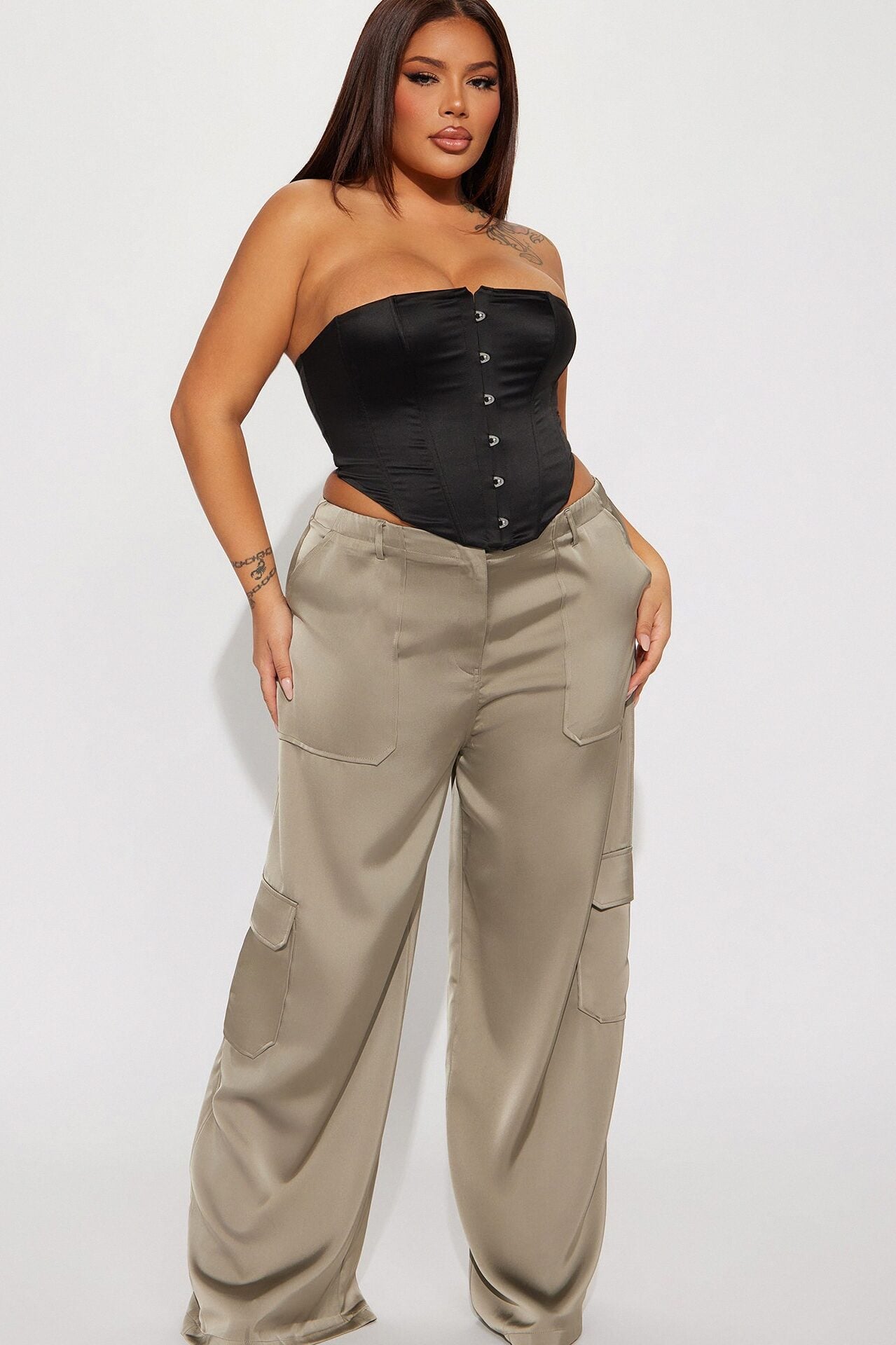 Pretty Girl Satin Cargo Pant - Olive image 1