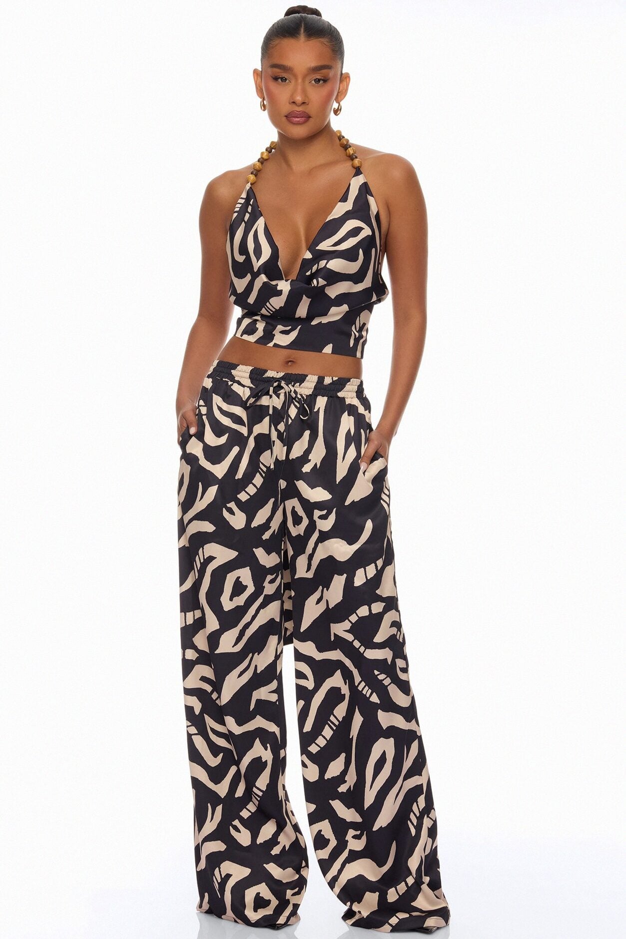 On The Coast Satin Pant Set - Black/combo image 1