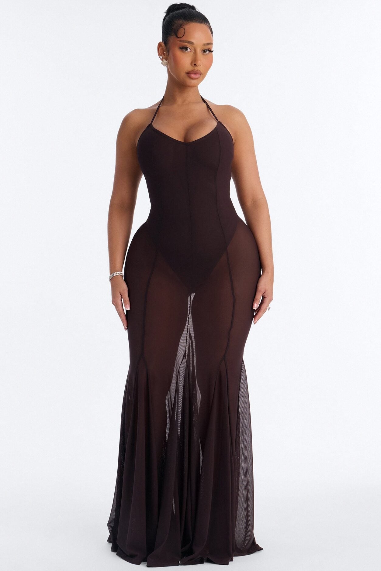 Power Mesh V Neck Halter Maxi Dress - Chocolate image 1