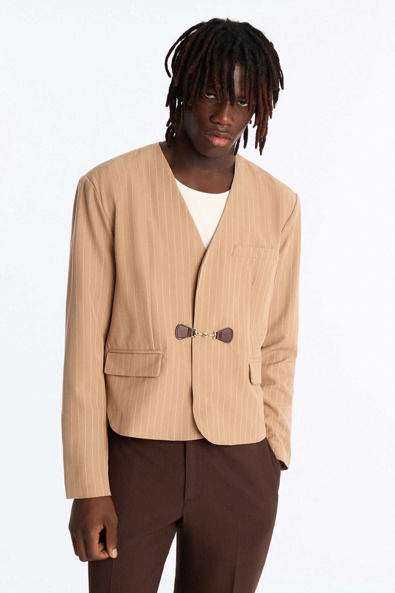 Boxy Cropped Pin Striped Cut Out Blazer - Tan image 1