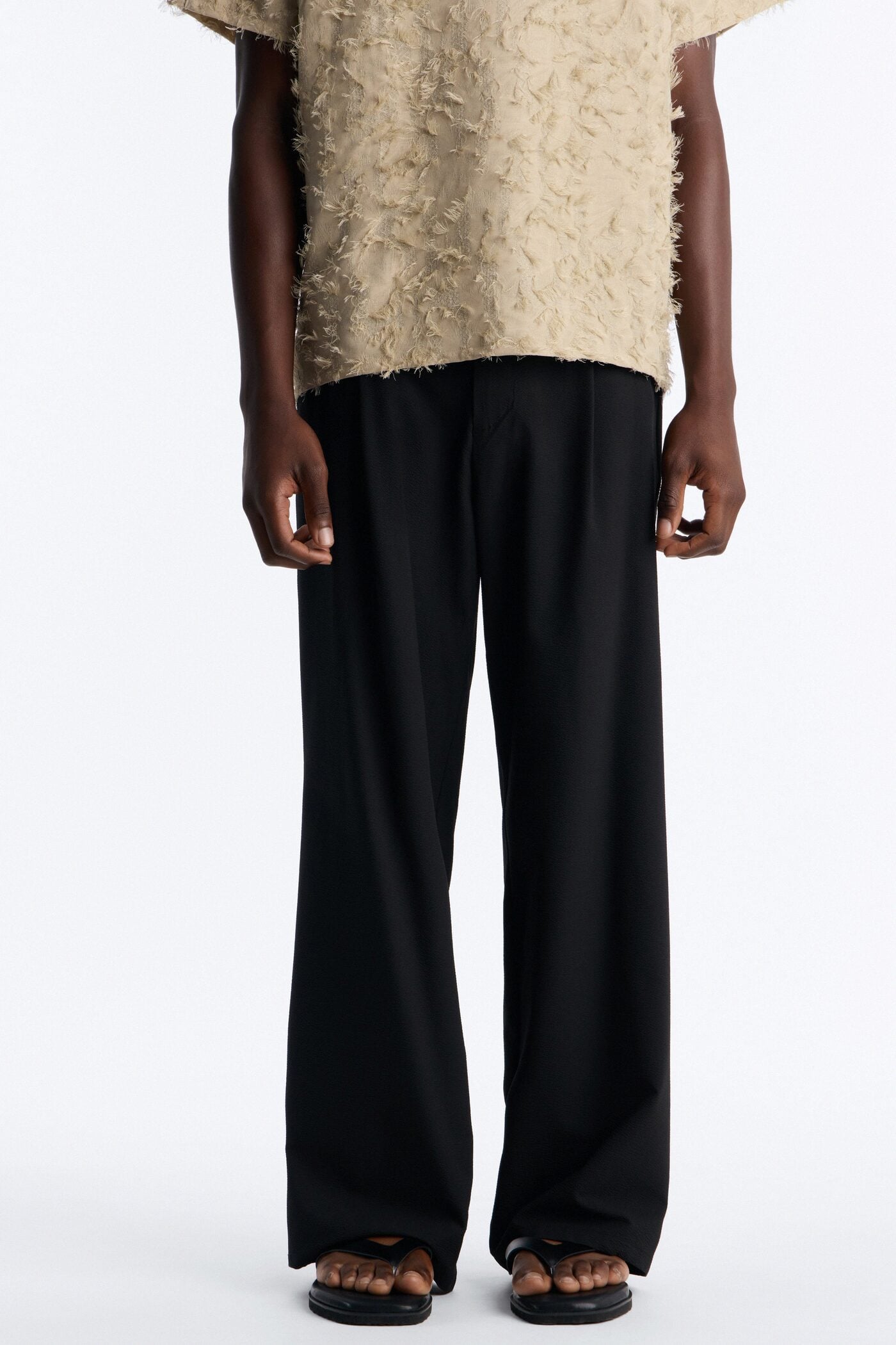 Wide Leg Textured Seersucker Trouser - Black image 1