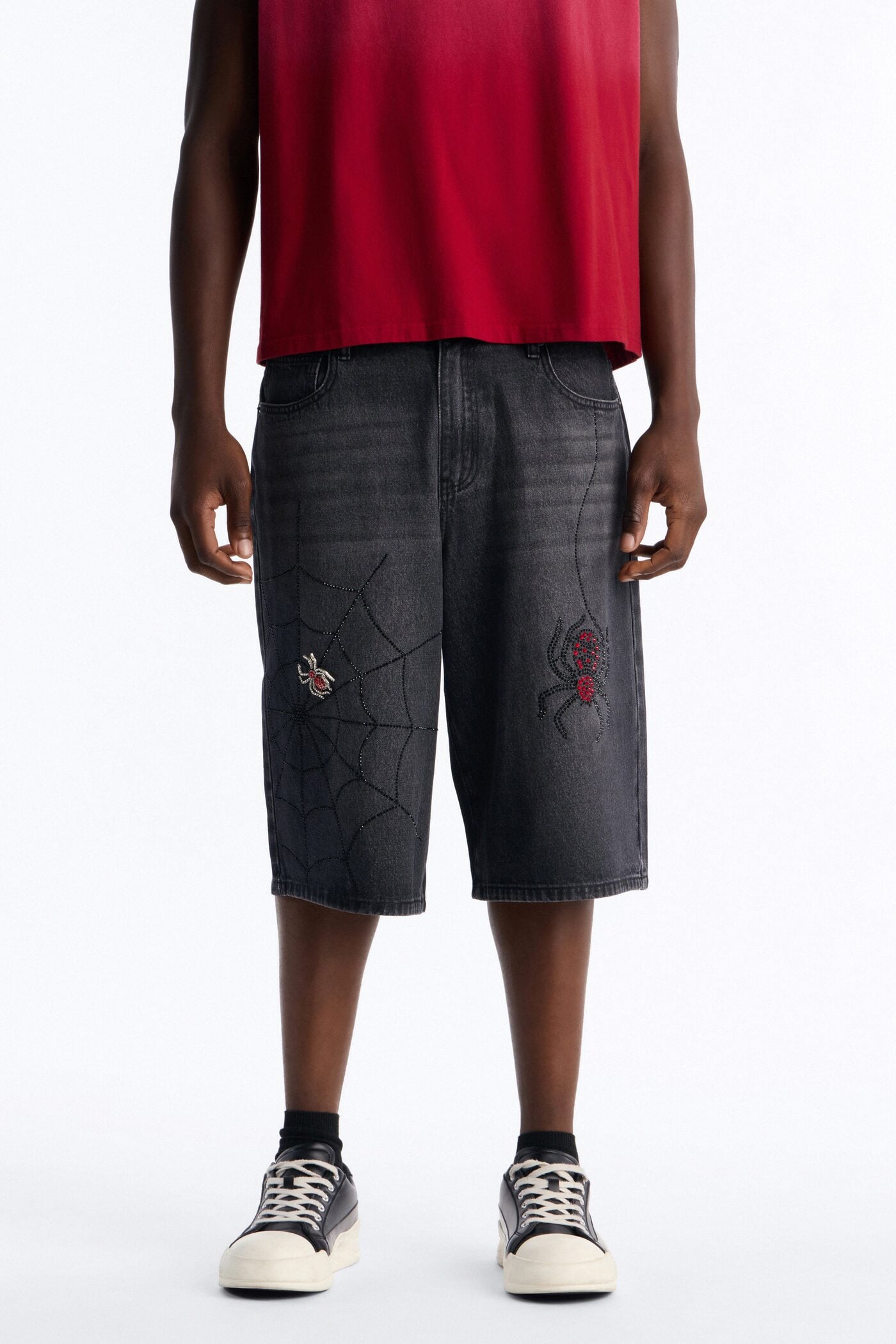 Baggy Black Widow Jeweled Denim Short - Black Wash image 1