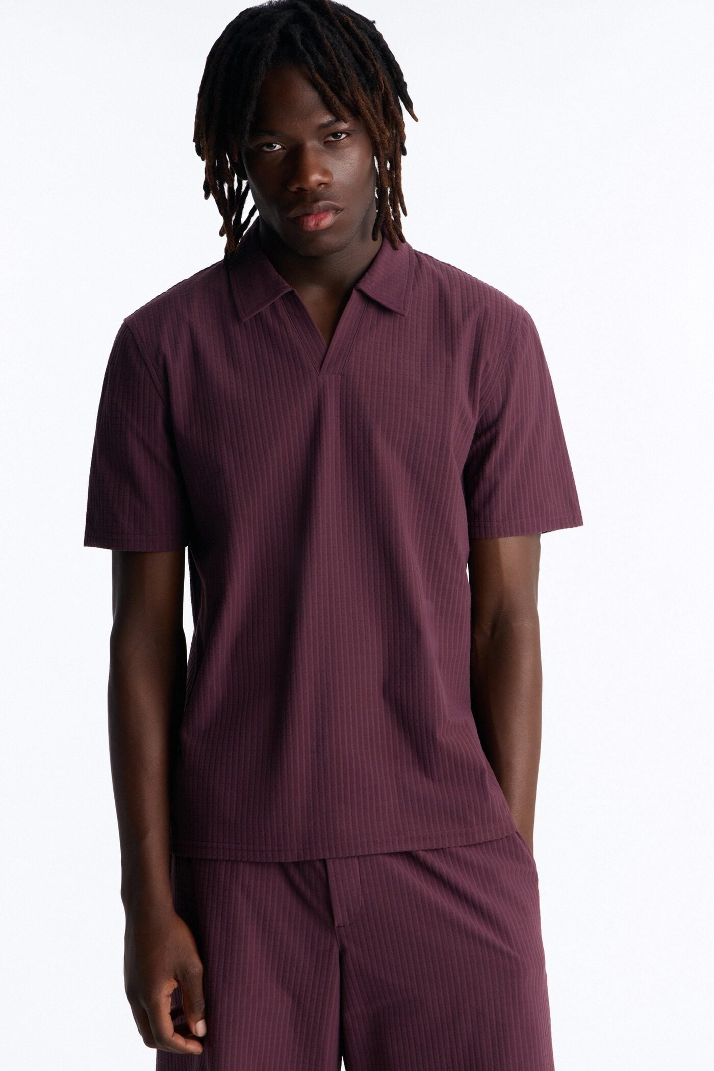 Terrance Textured Stripe Johnny Collar Polo - Wine image 1